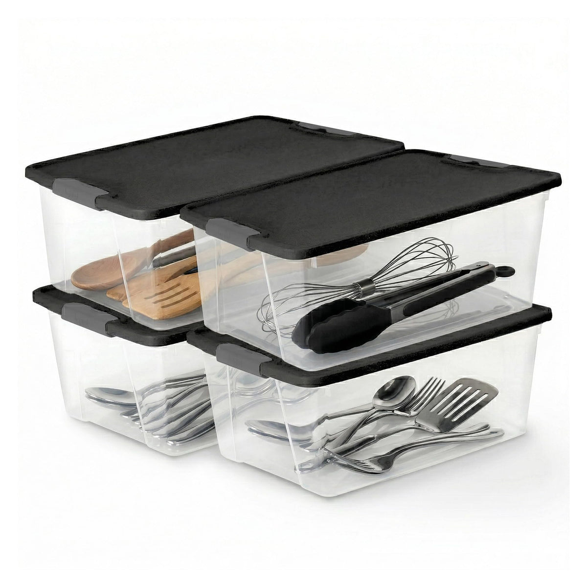 HOMZ 4-Pack Secure Latch, Clear Plastic Storage Organizer Bins, 15 Quart, Gray Lid - Stackable Container Boxes for Bedroom, Bathroom, Garage, and Office Organization
