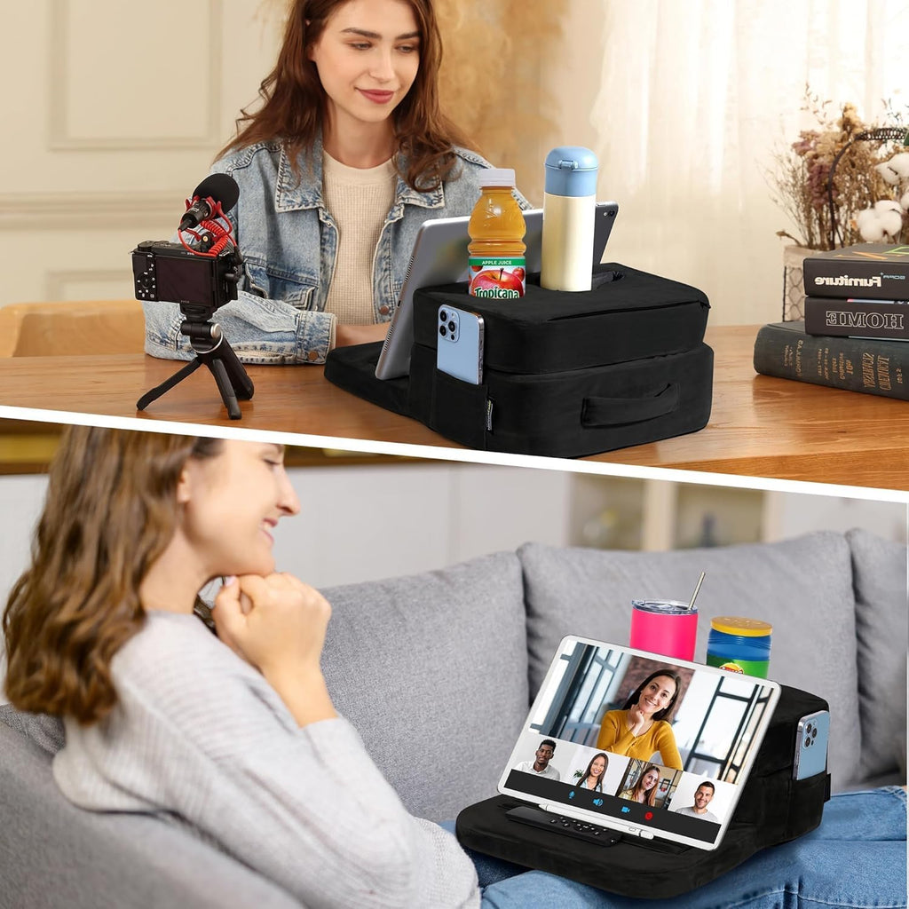 TabCouchCaddy - Couch Cup Holder Tray Pillow - Bed, Couch Caddy, Sofa, RV & Car - Holds Drinks, Snacks, Remotes, Phones, Kindle, Tablet | Bed Cup Holder (Beige)
