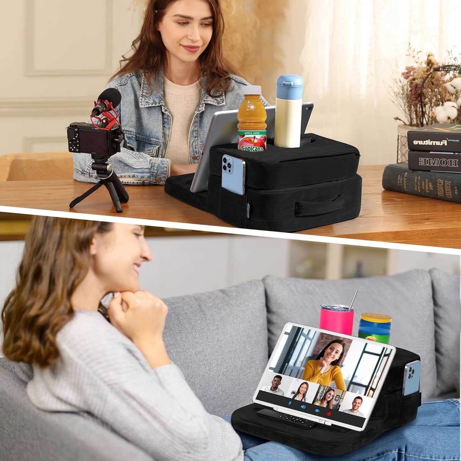 TabCouchCaddy - Couch Cup Holder Tray Pillow - Bed, Couch Caddy, Sofa, RV & Car - Holds Drinks, Snacks, Remotes, Phones, Kindle, Tablet | Bed Cup Holder (Beige)