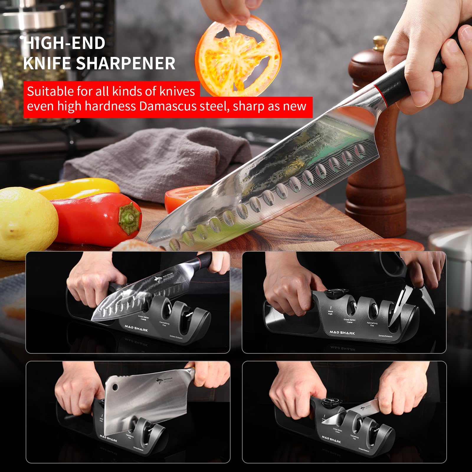 MAD SHARK 1-Button 3-Stage Knife Sharpener - Adjustable Diamond & Ceramic, No-Scratch ABS Body for All Kitchen/Pocket Knives,Repairs, Sharpens & Polishes,One-Handed Operation with Non-Slip Base