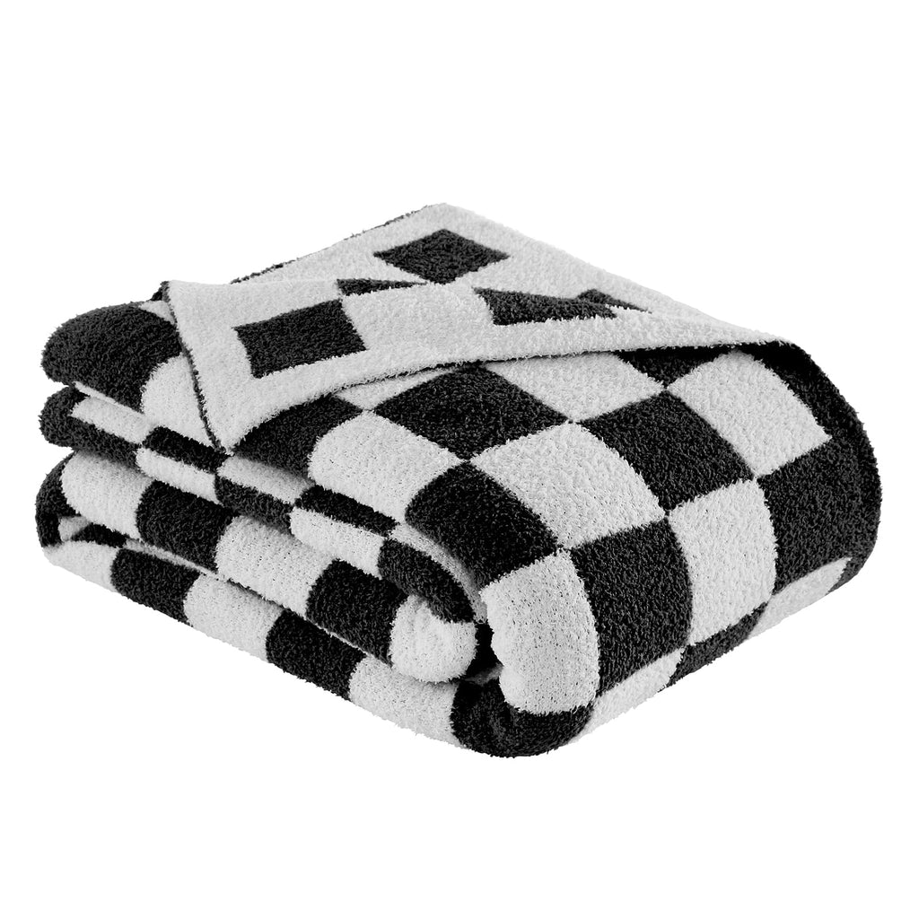 Checkered Throw Blanket, Black Soft Cozy Fluffy Knitted Throw Blankets for Couch, Sofa, Bed, Chair, Warm Fuzzy Travel Picnic Lightweight Plaid Blanket, 50x70 inches