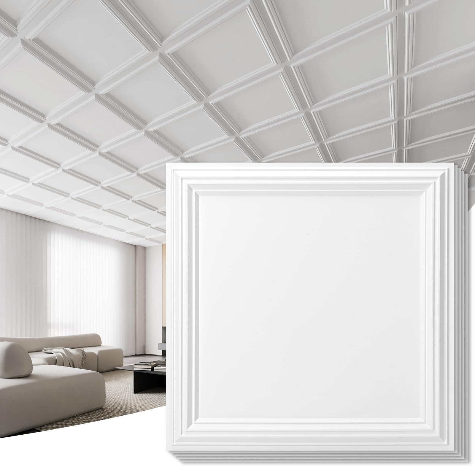 Art3d Drop Ceiling Tiles 24x24in. (12-Pack, 48 Sq.ft), Wainscoting Panels Glue Up 2ft x 2ft for Interior Décor in Living Room, Bedroom & Office, Star Black