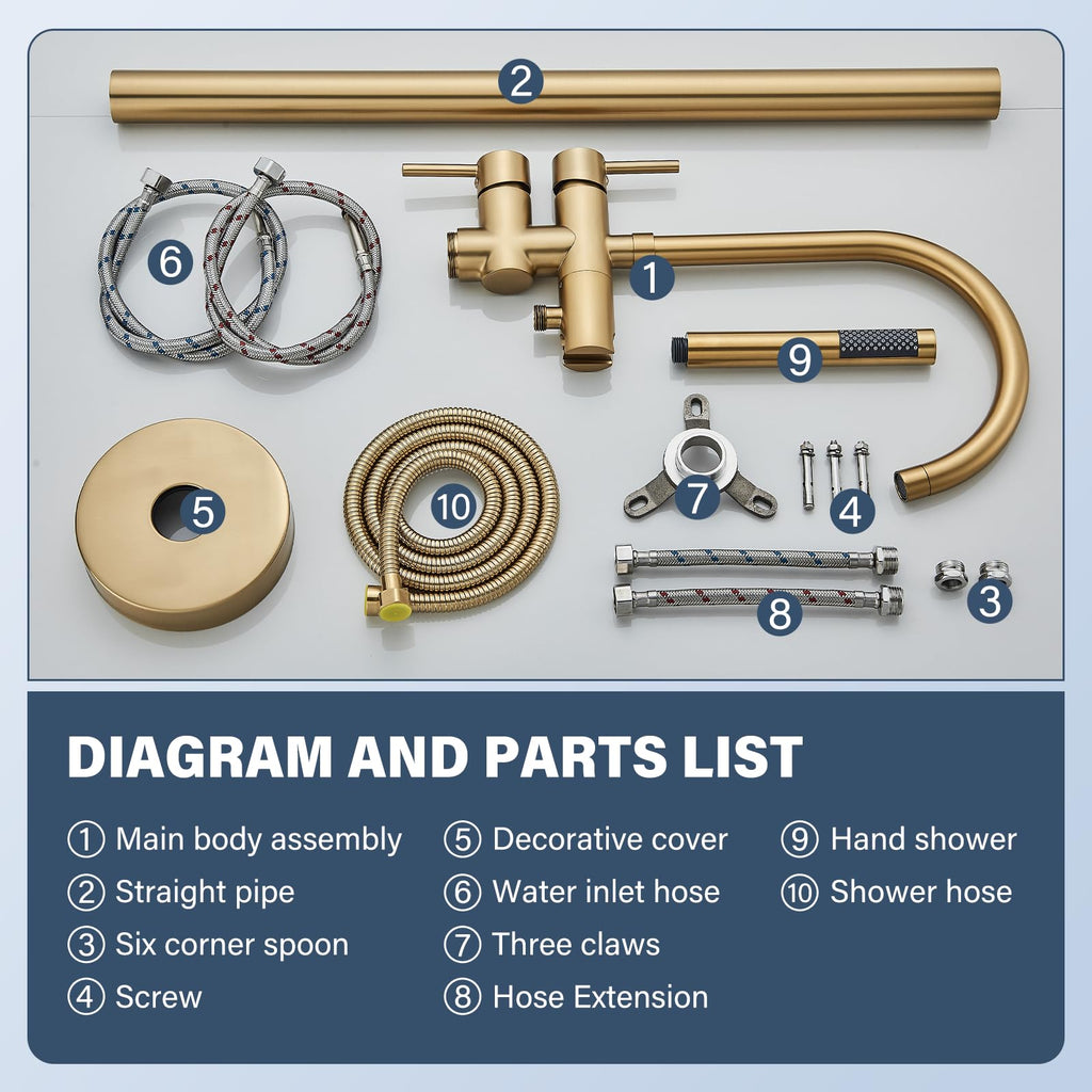 Brushed Gold Freestanding Bathtub Faucet with Hand Shower Tub Filler Faucet Floor Mounted High Flow Single Handle Bath Filler Solid Brass