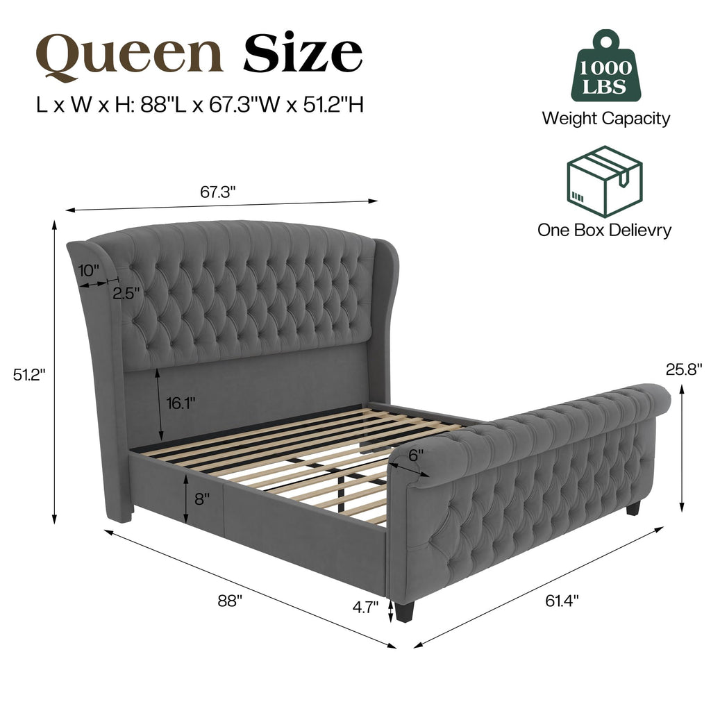 LUXOAK Queen Size Platform Bed Frame, Velvet Upholstered Sleigh Bed with Curved Headboard & Footboard, Deep Button Tufted, Wood Slats Support, No Box Spring Needed, Black