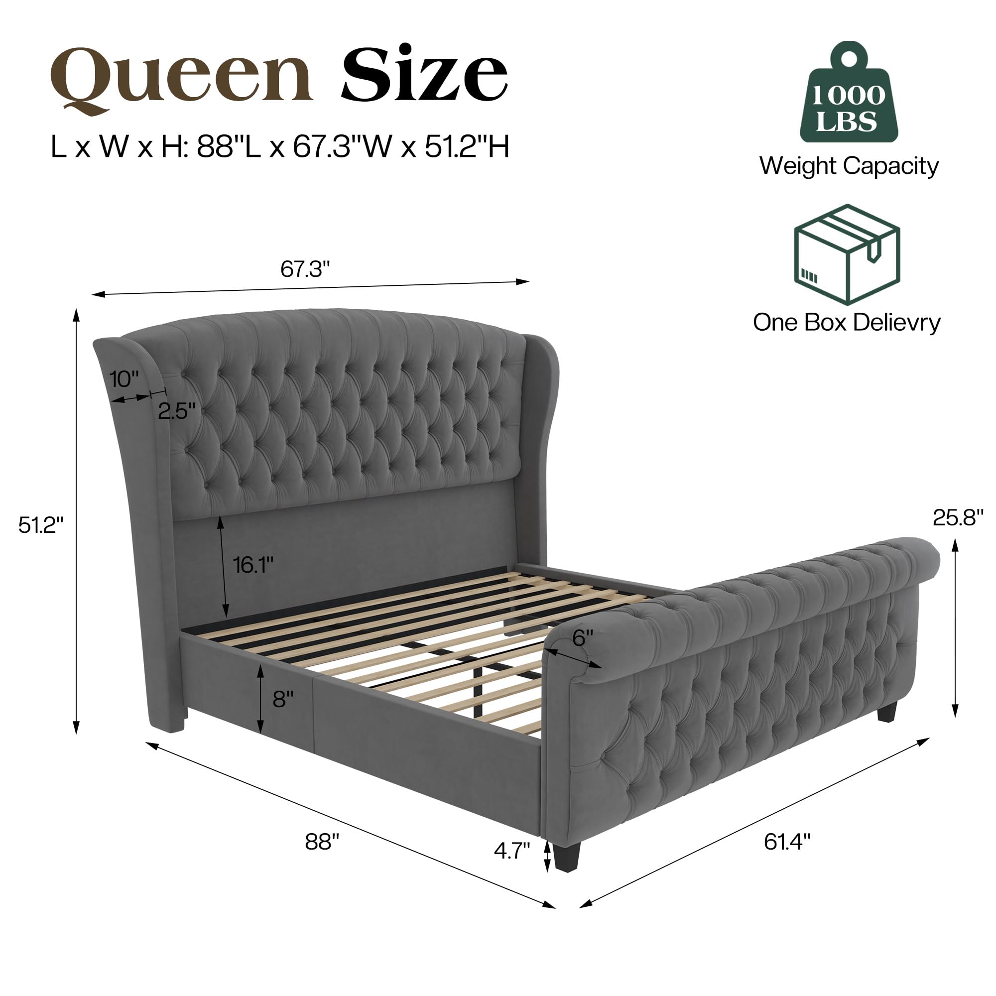 LUXOAK Queen Size Platform Bed Frame, Velvet Upholstered Sleigh Bed with Curved Headboard & Footboard, Deep Button Tufted, Wood Slats Support, No Box Spring Needed, Black