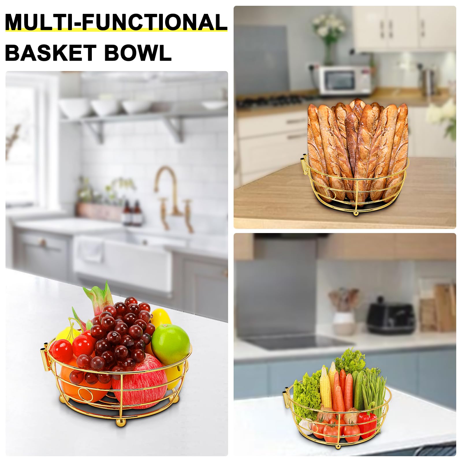 Livabber Countertop Fruit Basket Bowl with Banana Hanger, Modern Standing Fruit Vegetable Bowl Storage, with Banana Tree Holder for Kitchen Dinning Table (Round Marble, Black)
