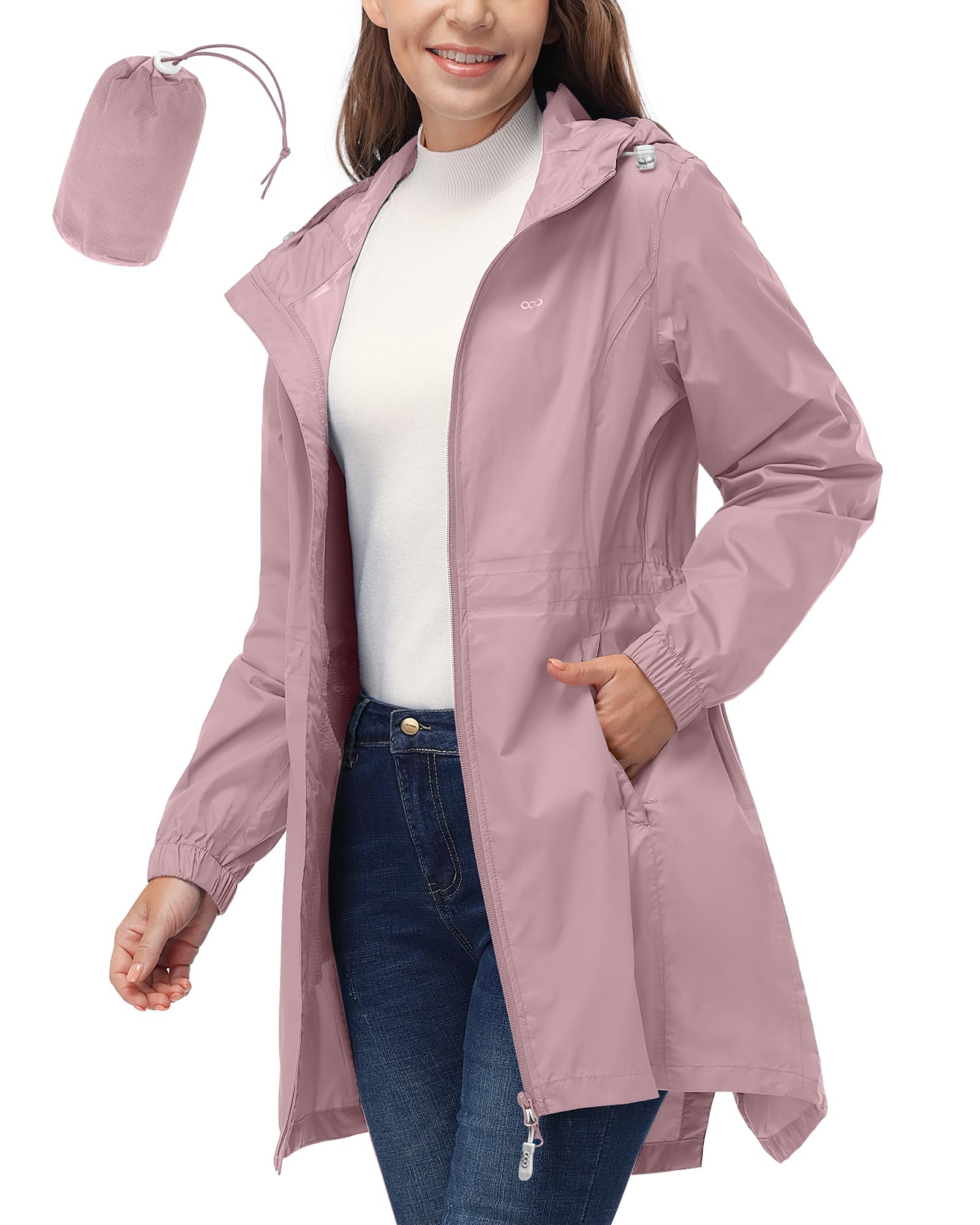 33,000ft Women's Waterproof Long Rain Coats Packable Rain Jacket with Hood Trench Coats Windbreaker