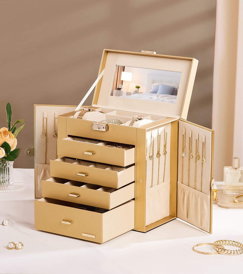 Homde Mothers Day Gifts Synthetic Leather Huge Jewelry Box Mirrored Watch Organizer Necklace Ring Earring Storage Lockable Gift Case (Black + Gold)
