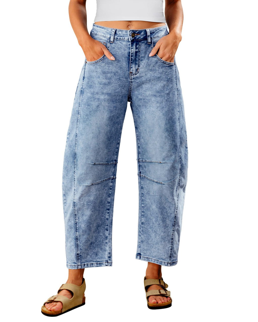 Utyful Barrel Jeans Women Cropped Baggy Trendy High Waisted Distressed Loose Stretch Denim Trouser Jeans with Pockets