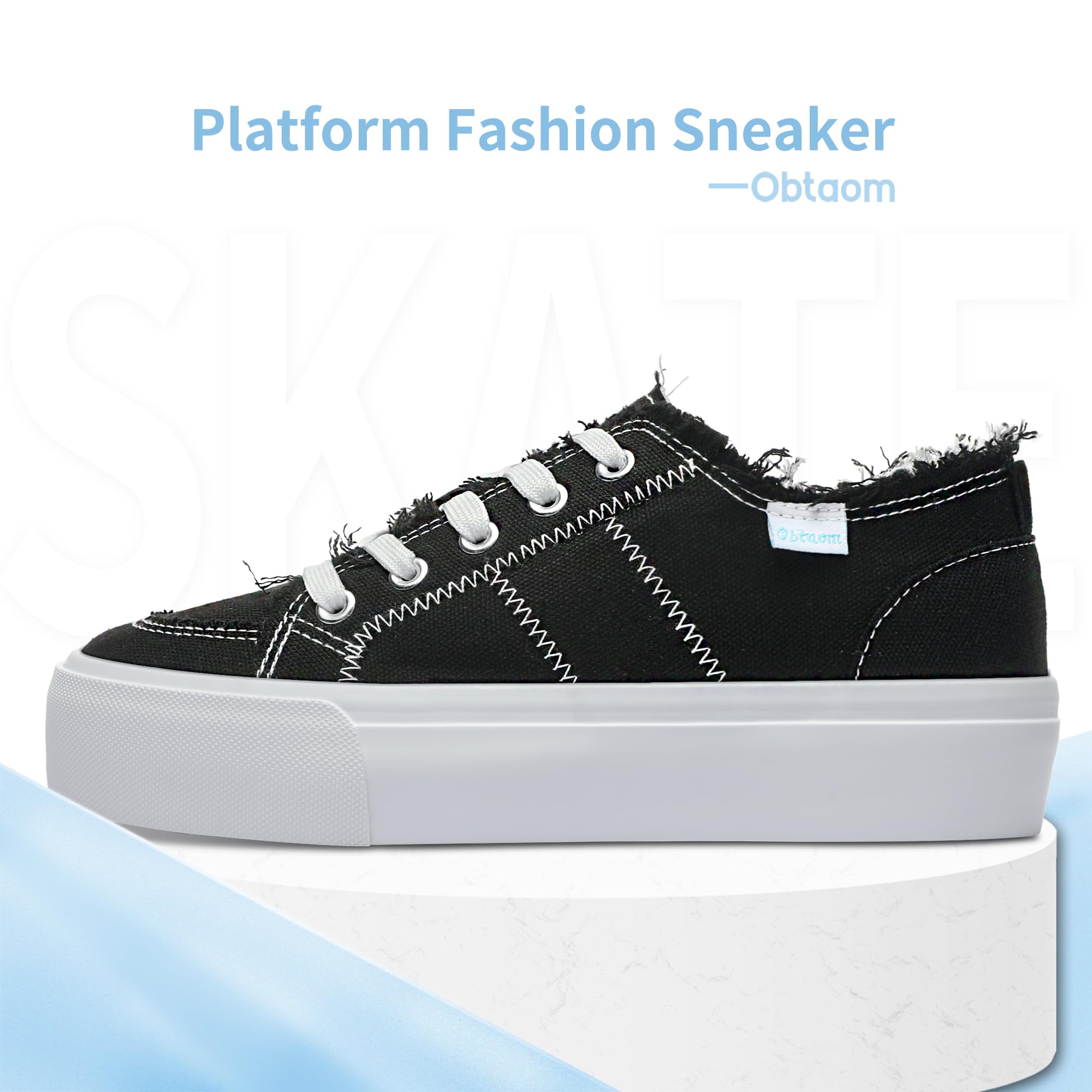 Obtaom Women Platform Canvas Sneakers White Comfort Play Fashion Sneakers Casual Lift Platform Lace Up Shoes Cute Low Top Walking Shoes for Lady