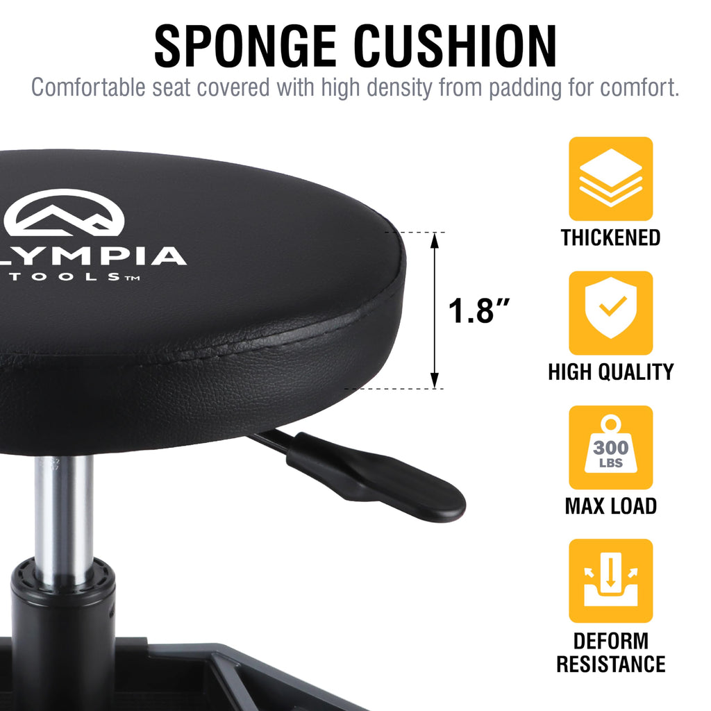 Olympia Tools Adjustable Hydraulic Rolling Mechanics Stool with with Removable Tool Tray, 300lbs Max Weight Capacity, 419-110-1002