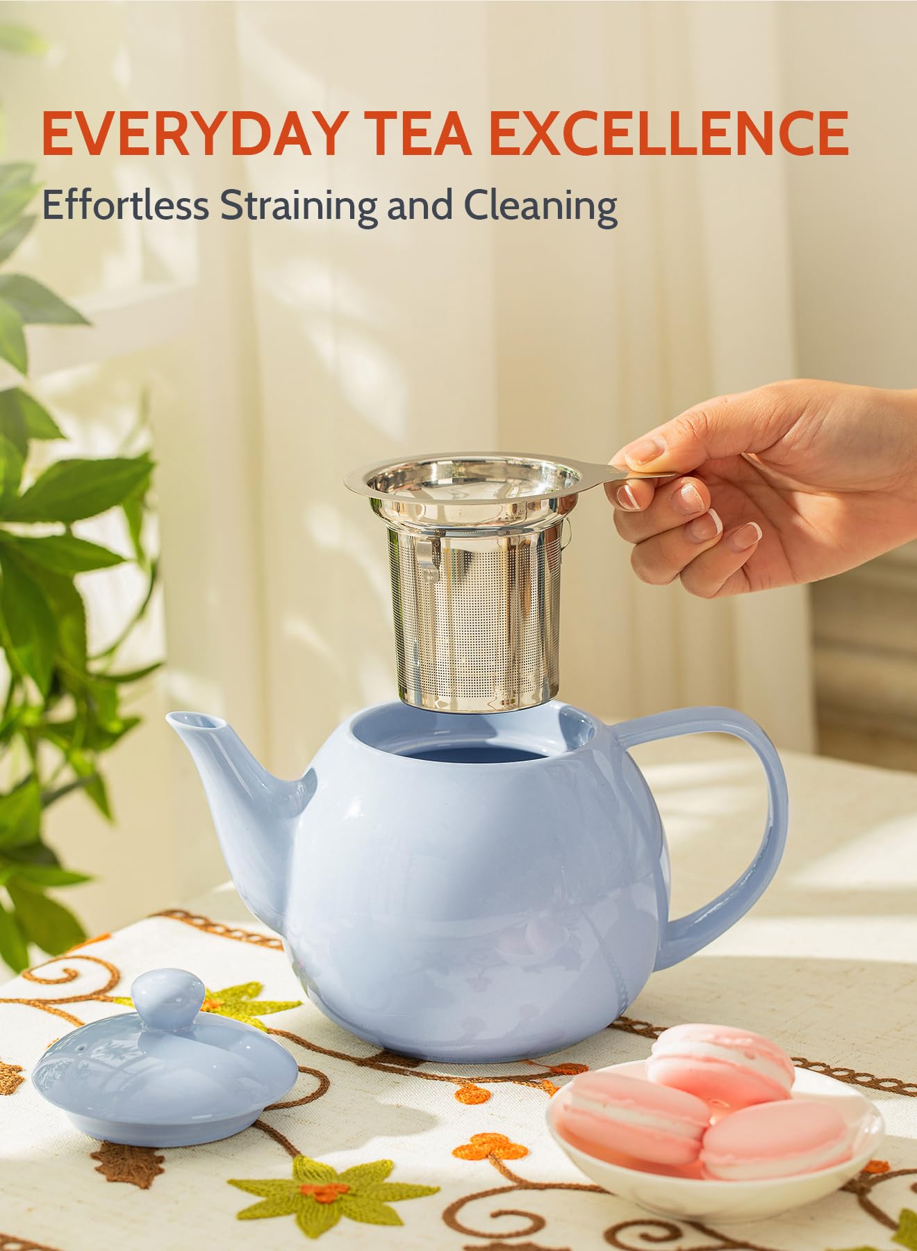 Sweese Porcelain Teapot 27 oz with Infuser for Loose Leaf Tea, Bluish Grey