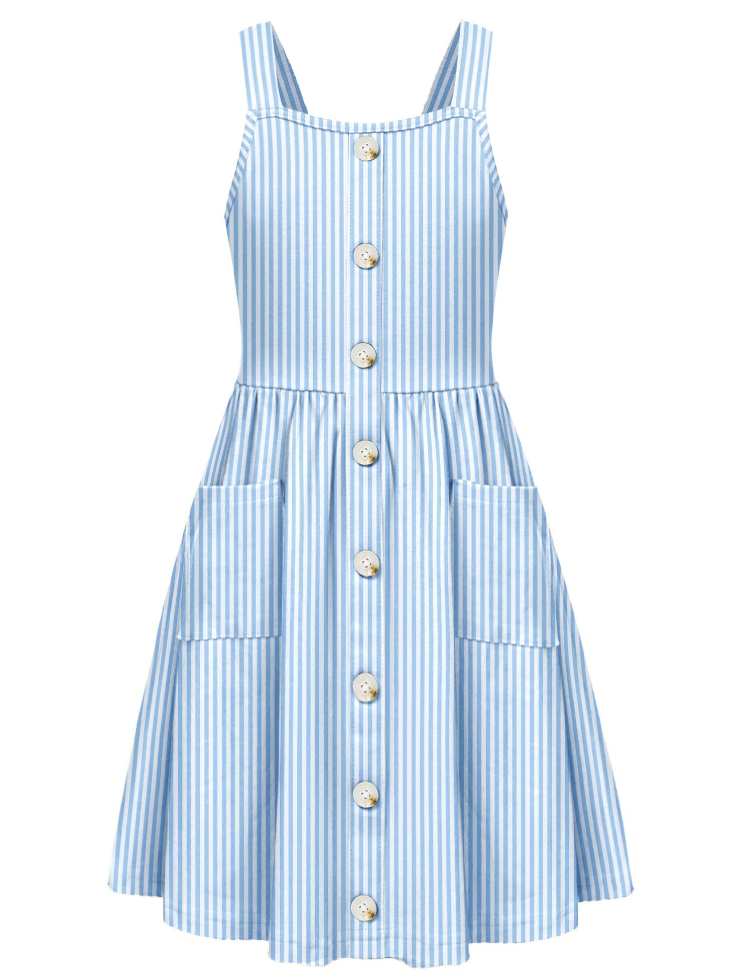 Arshiner Girl's Spaghetti Strap Button Down Midi Sleeveless Summer Casual Sundress A-line Dress with Pockets