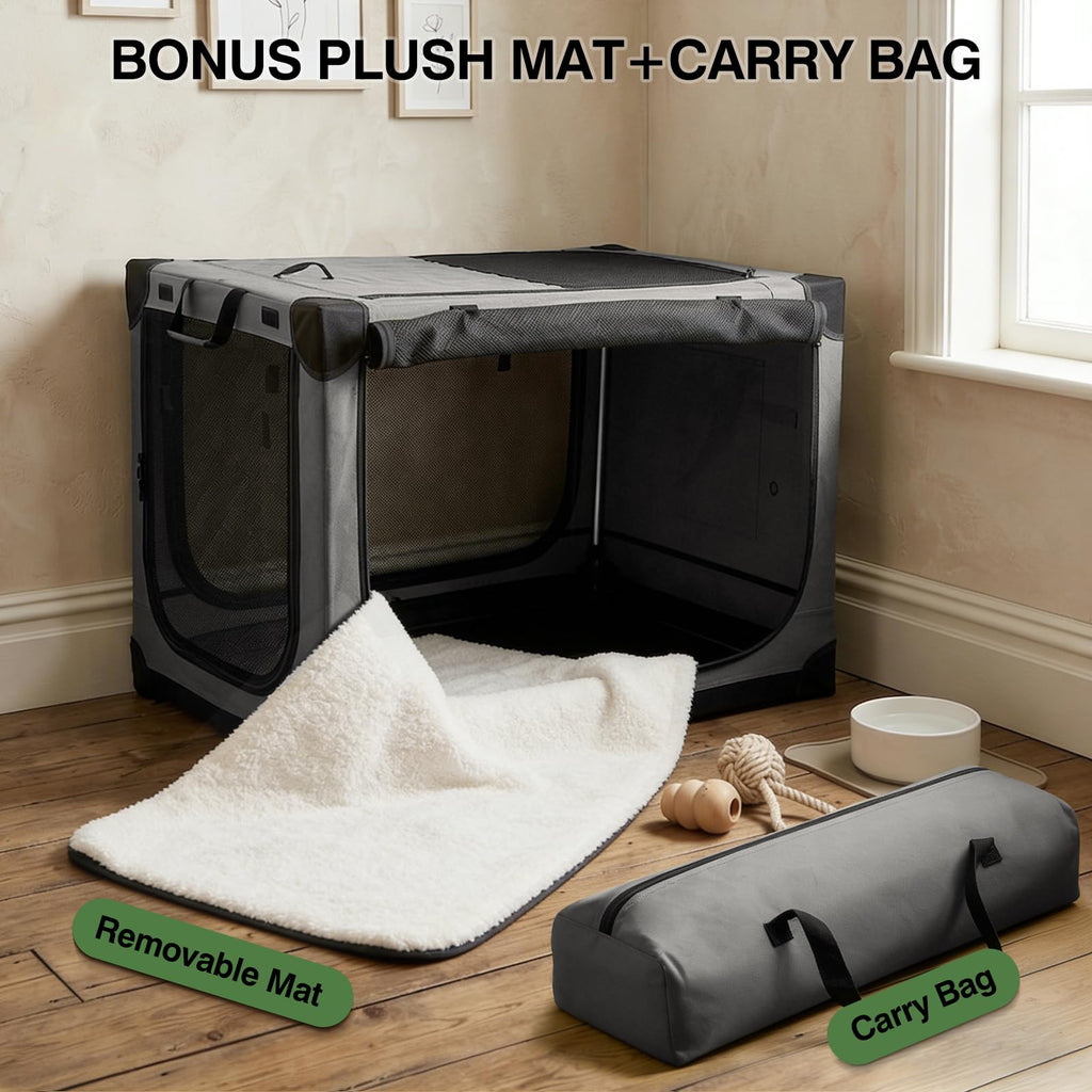Veraste 24" L x 17" W x 17" H Collapsible Travel Dog Crate, Portable Soft Dog Kennel for Small Medium Pets up to 30 lbs, 4-Door Foldable Travel Crate with Durable Mesh & Storage Bag, Black