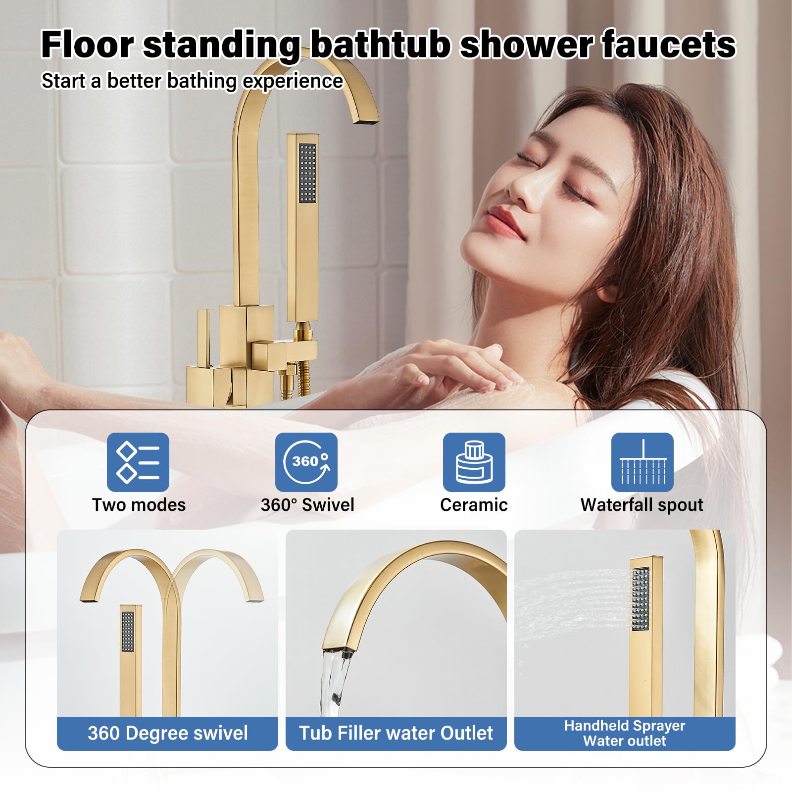 Brushed Gold Freestanding Bathtub Faucet with Hand Shower Tub Filler Faucet Floor Mounted High Flow Single Handle Bath Filler Solid Brass