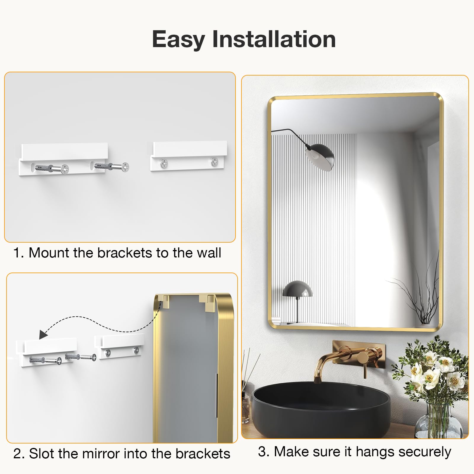 22x30 inch Gold Bathroom Mirror,Rounded Rectangle Gold Metal Framed, HD Tempered Glass, Horizontal or Vertical Hanging, Modern Bathroom Decor