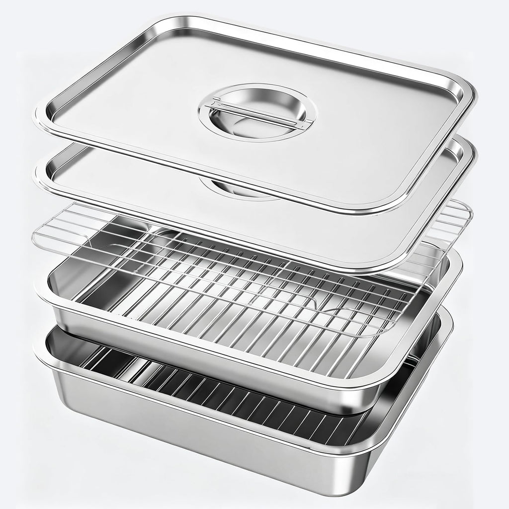 Grill Prep & Serve Tray Set with Lids, 5-Piece Food Prep System for Marinating, Carrying & Serving, Stainless Steel BBQ Trays for Raw & Cooked Food Separation (Rack Included)