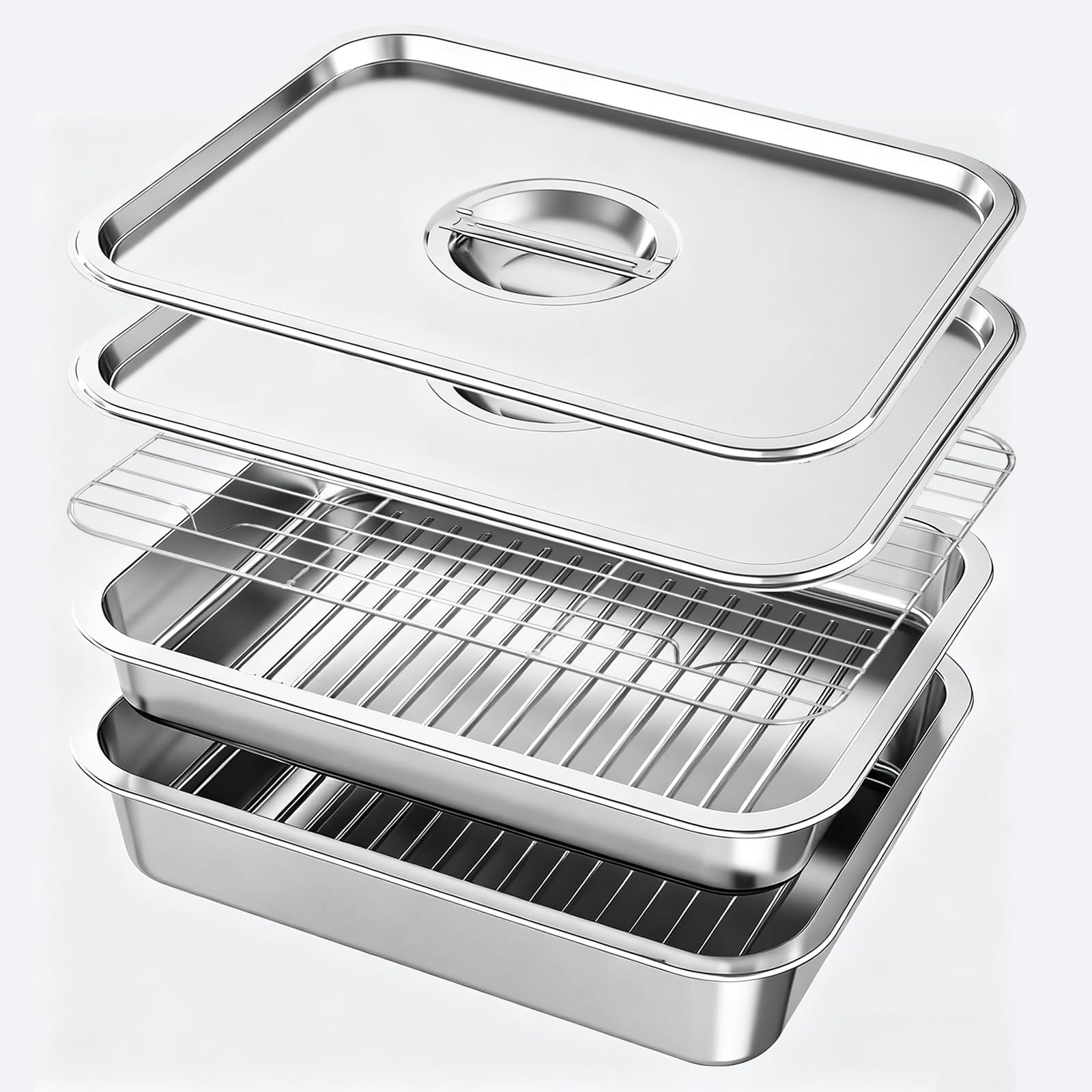 Grill Prep & Serve Tray Set with Lids, 5-Piece Food Prep System for Marinating, Carrying & Serving, Stainless Steel BBQ Trays for Raw & Cooked Food Separation (Rack Included)