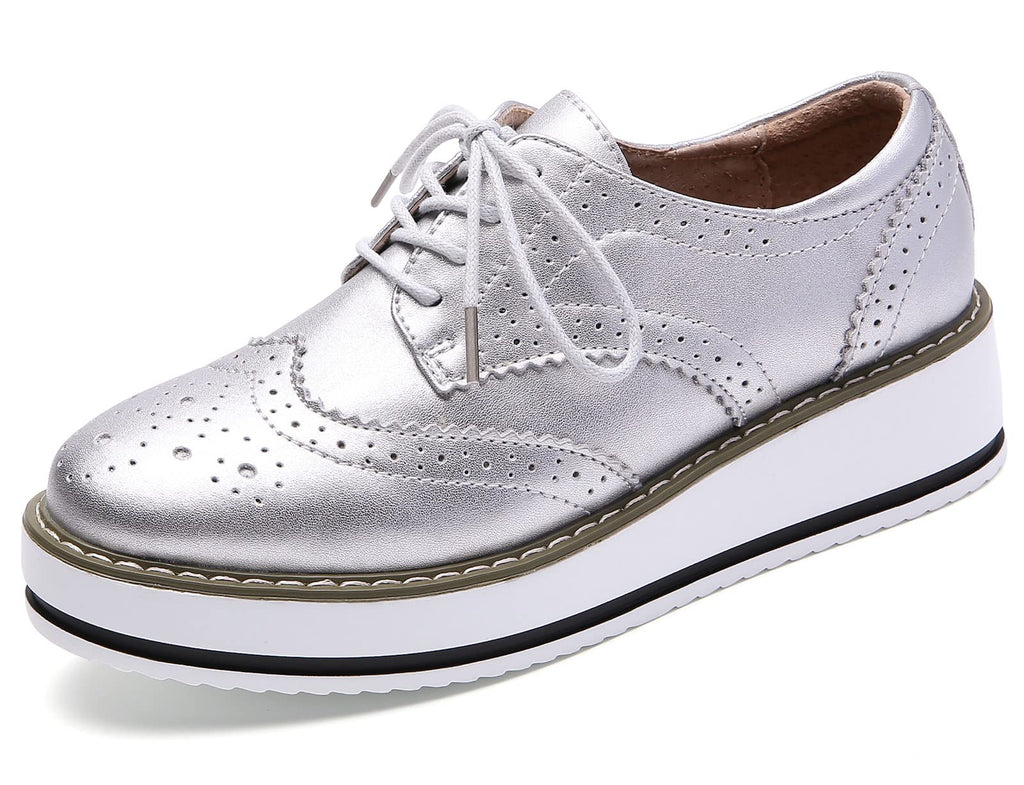 DADAWEN Women's Platform Lace-Up Wingtips Square Toe Oxfords Shoe