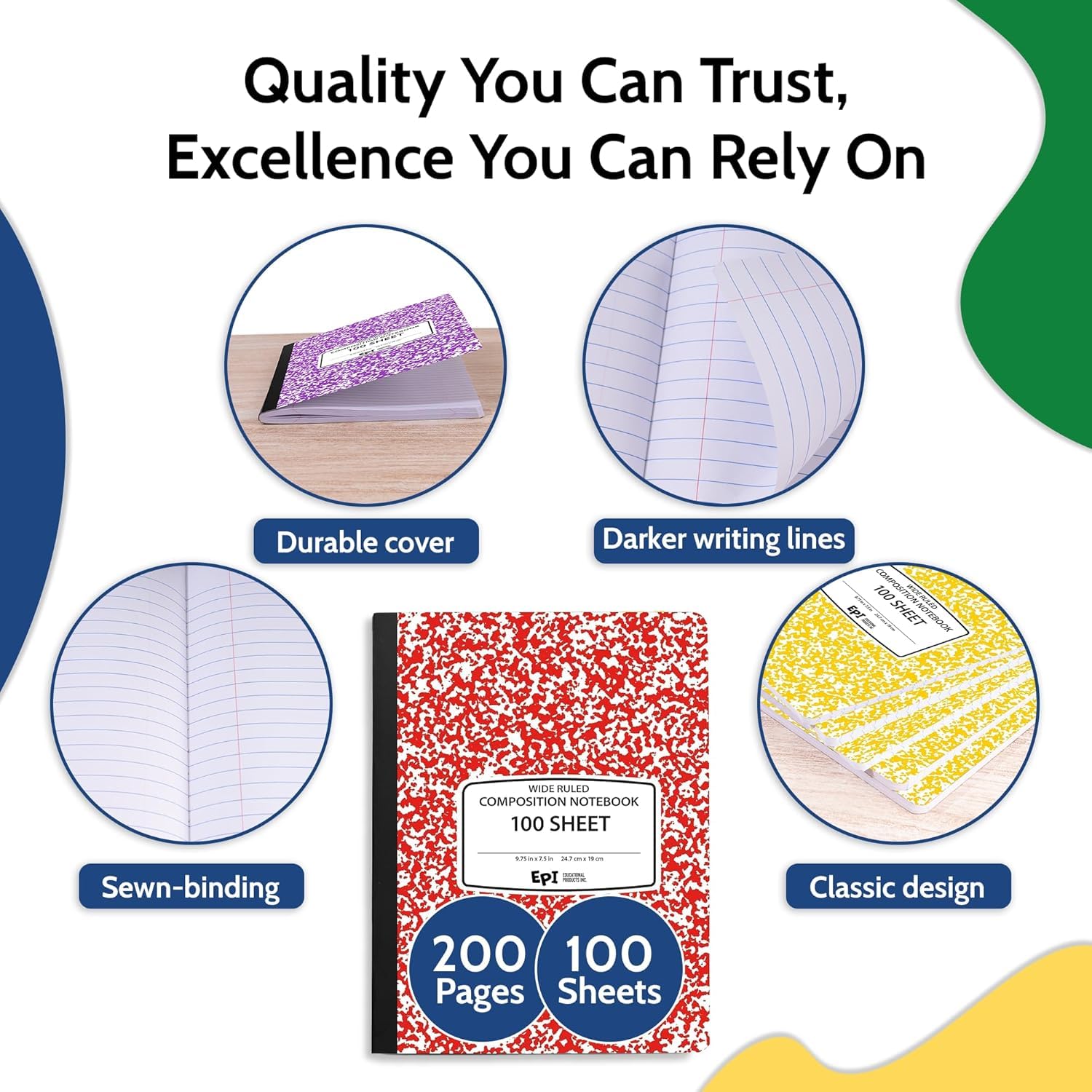 3 Pack - EPI Marble Hardcover Wide Ruled Composition Notebook | 200 Pages (100 Sheets), 9.75 x 7.5 in, Sturdy Sewn Binding | School, Office, Journaling, Notes