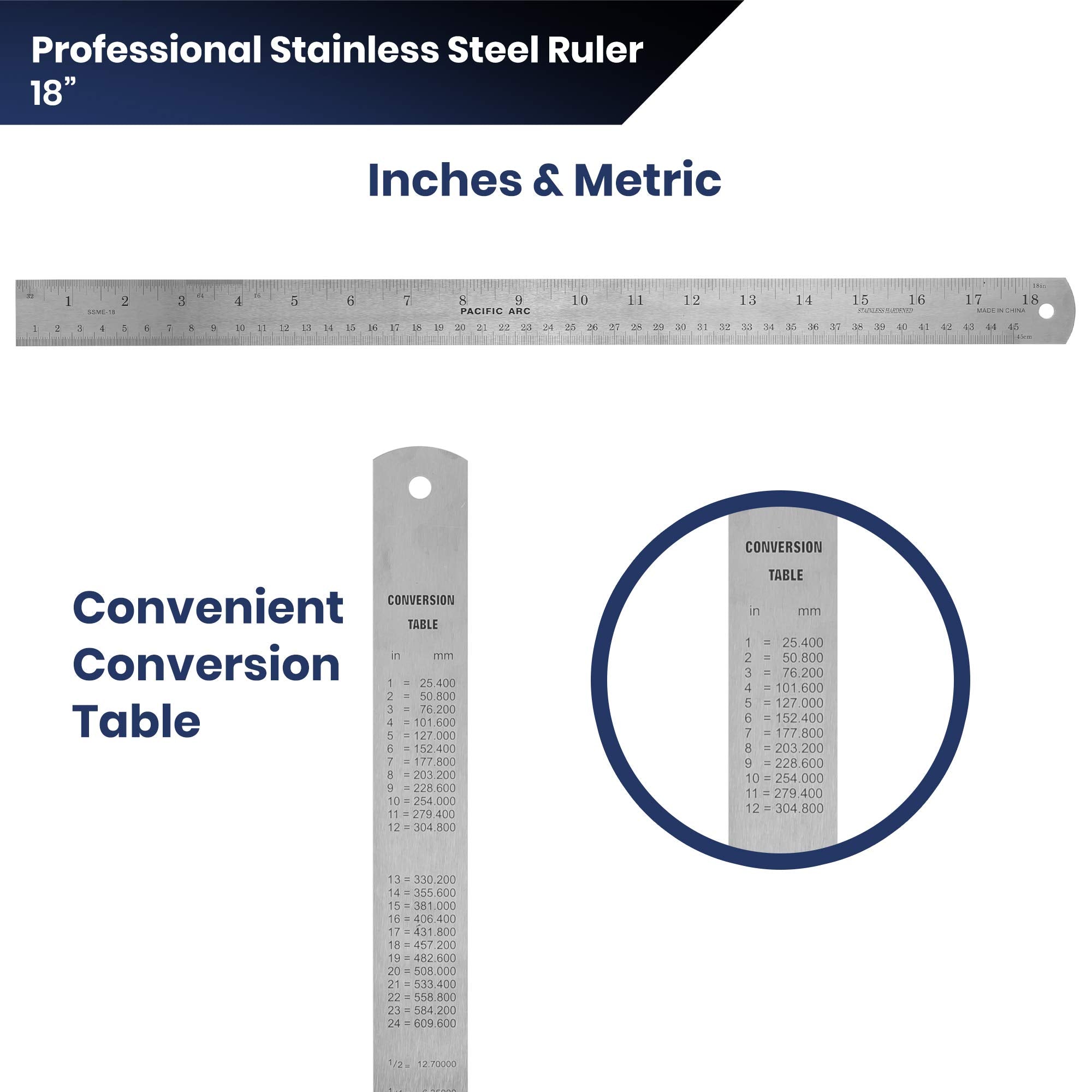 2 Pack Pacific Arc 12 Inch Stainless Steel Ruler with Inch/Metric Conversion Table