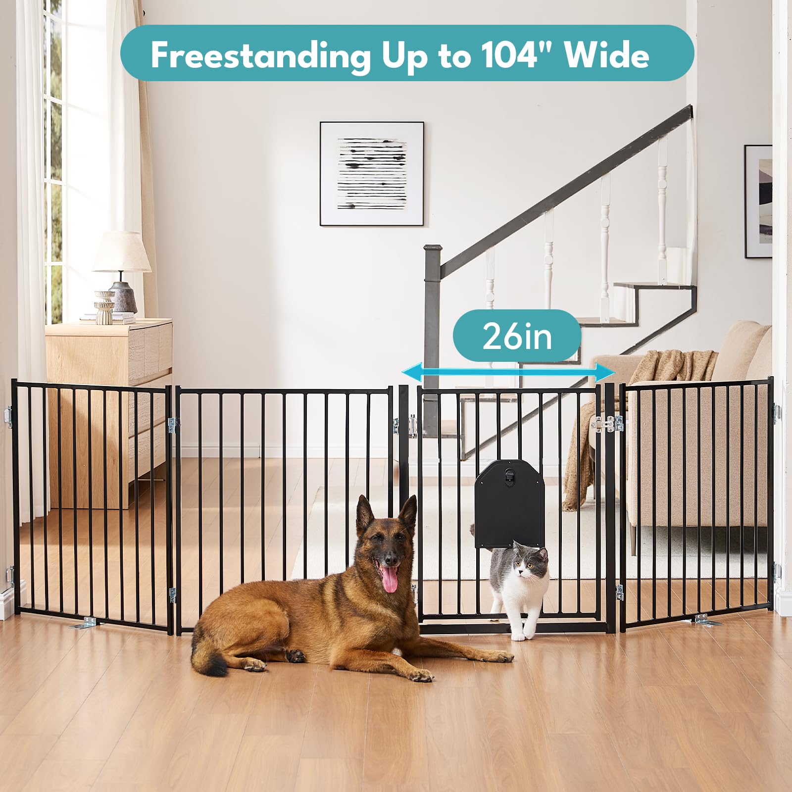 No Pawblems Free Standing Dog Gate, 30" Tall Foldable Dog Fence for Indoor, Up to 52 Inch Extra Wide Puppy Gate Extension for Stairs, Hallways, Doorways, Deck, Yard (White, 2 Panels)