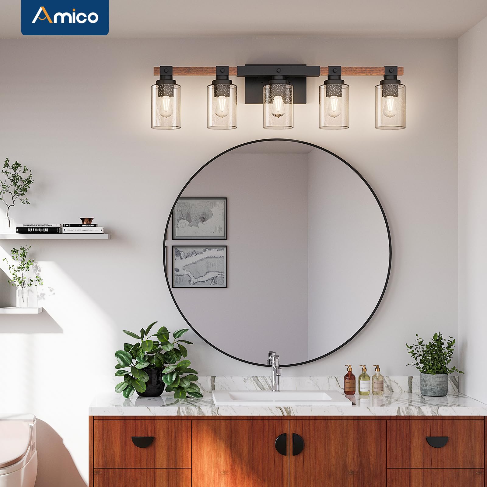 Amico 3-Light Farmhouse Vanity Light Fixture, Rustic Wood Bathroom Light Fixtures, Industrial Vintage Black Wall Sconces Lights with Bubble Glass Shade for Mirror, Bedroom, Living Room, Hallway
