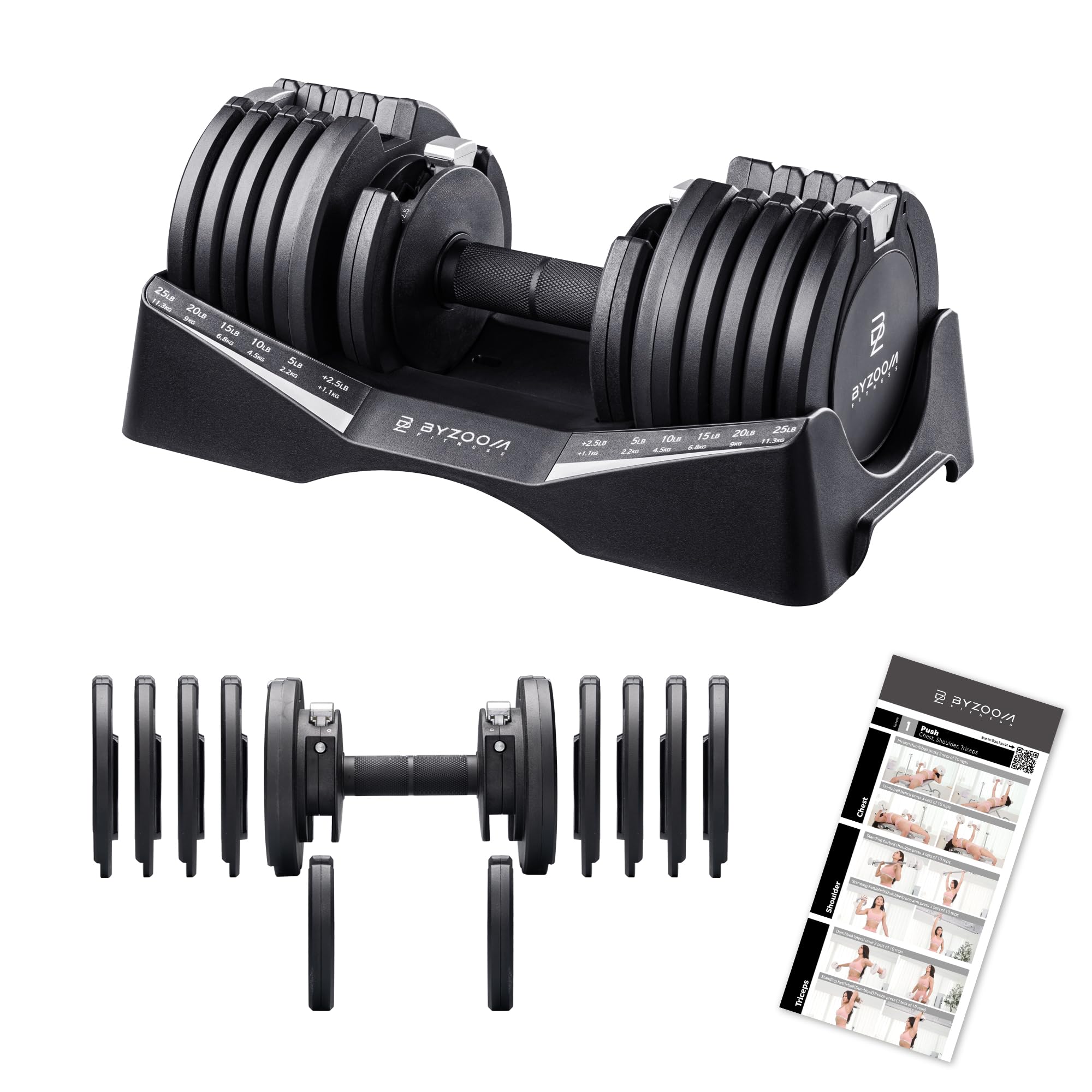 BYZOOM FITNESS Pure Series Adjustable Dumbbell - 12.5/25/27.5/50/55/75lb - ONE UNIT OR PAIR(check QTY before purchase) - 5-in-1/ 10-in-1 / 15-in-1 / 21-in-1 Flexible Hand Weights for Home Apartment Garage Gym, Strength Training & Fitness Workouts, White O