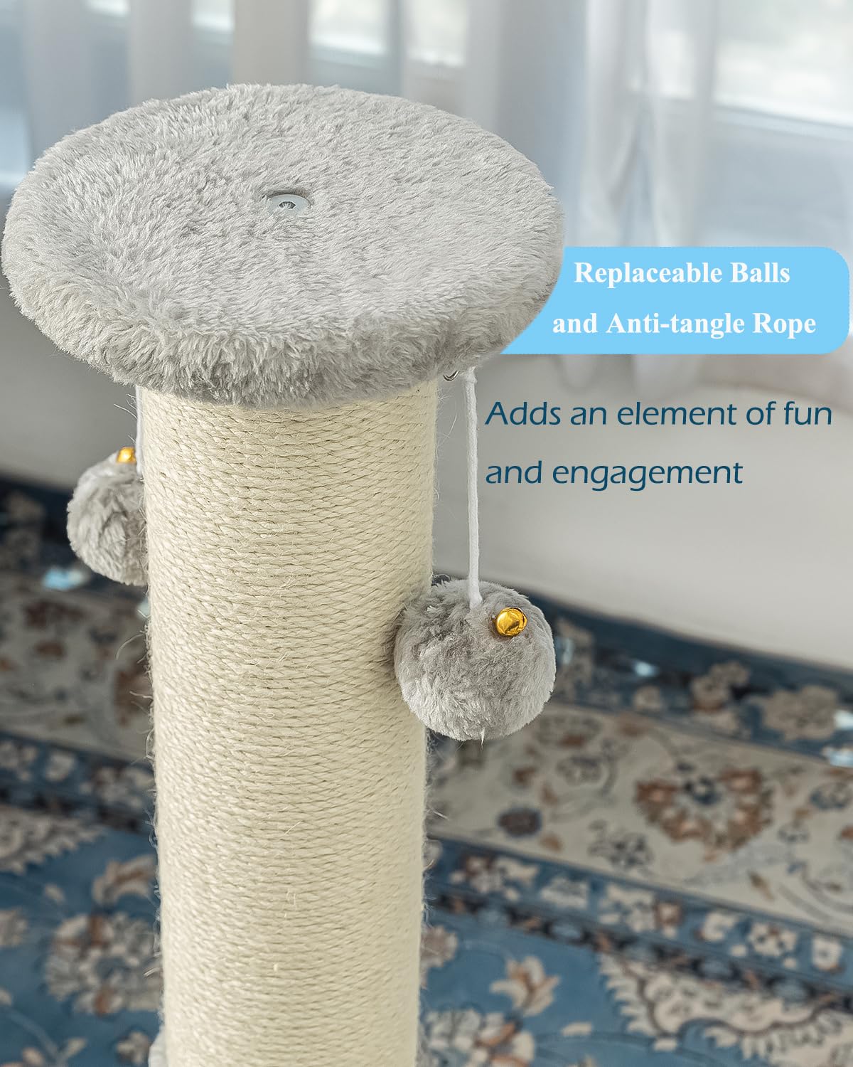 34Inch Tall Cat Scratching Post,4.3Inch Diameter Large Sisal Cat Scratch Post with Ball, Sturdy and Durable Cat Scratcher for Indoor Cats Adults Black