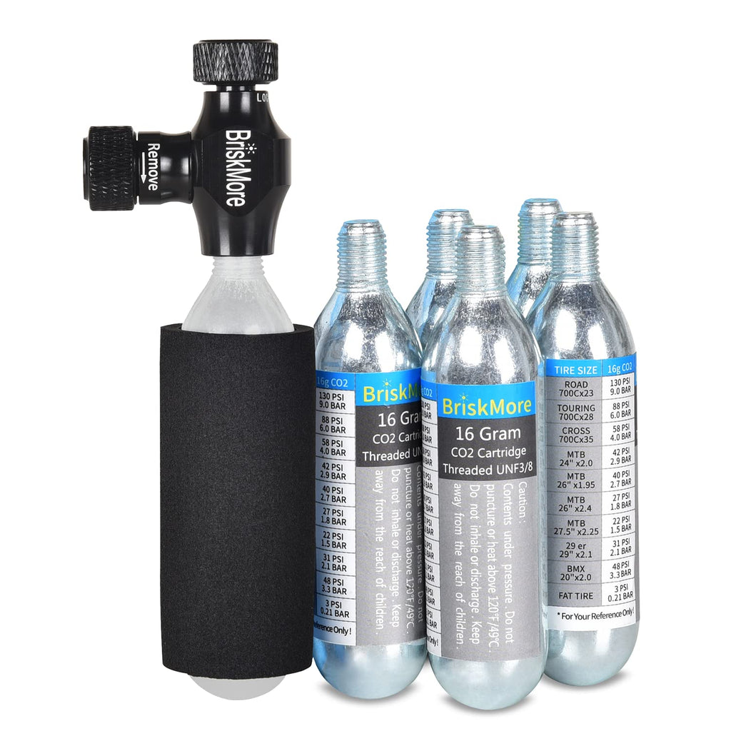 BriskMore CO2 Inflator Kits with 9X16g or 5 X 16g CO2 Cartridges, Presta and Schrader Valve Compatible, Bike Tire CO2 Pump, Included Insulated Sleeve