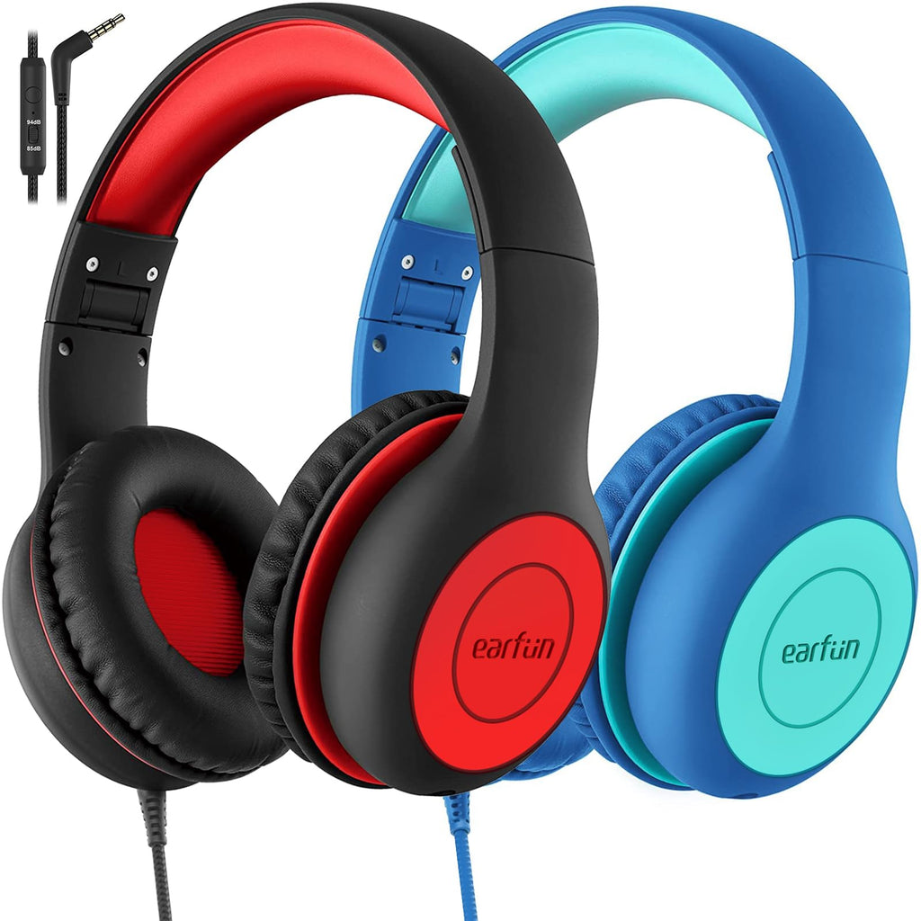 EarFun K1 Kids Headphones Wired with Microphone, 85/94dB Volume Limit Headphones for Kids, Portable Wired Headphone with Shareport, Stereo Sound Foldable Headset for School/Tablet/iPad, Black Red