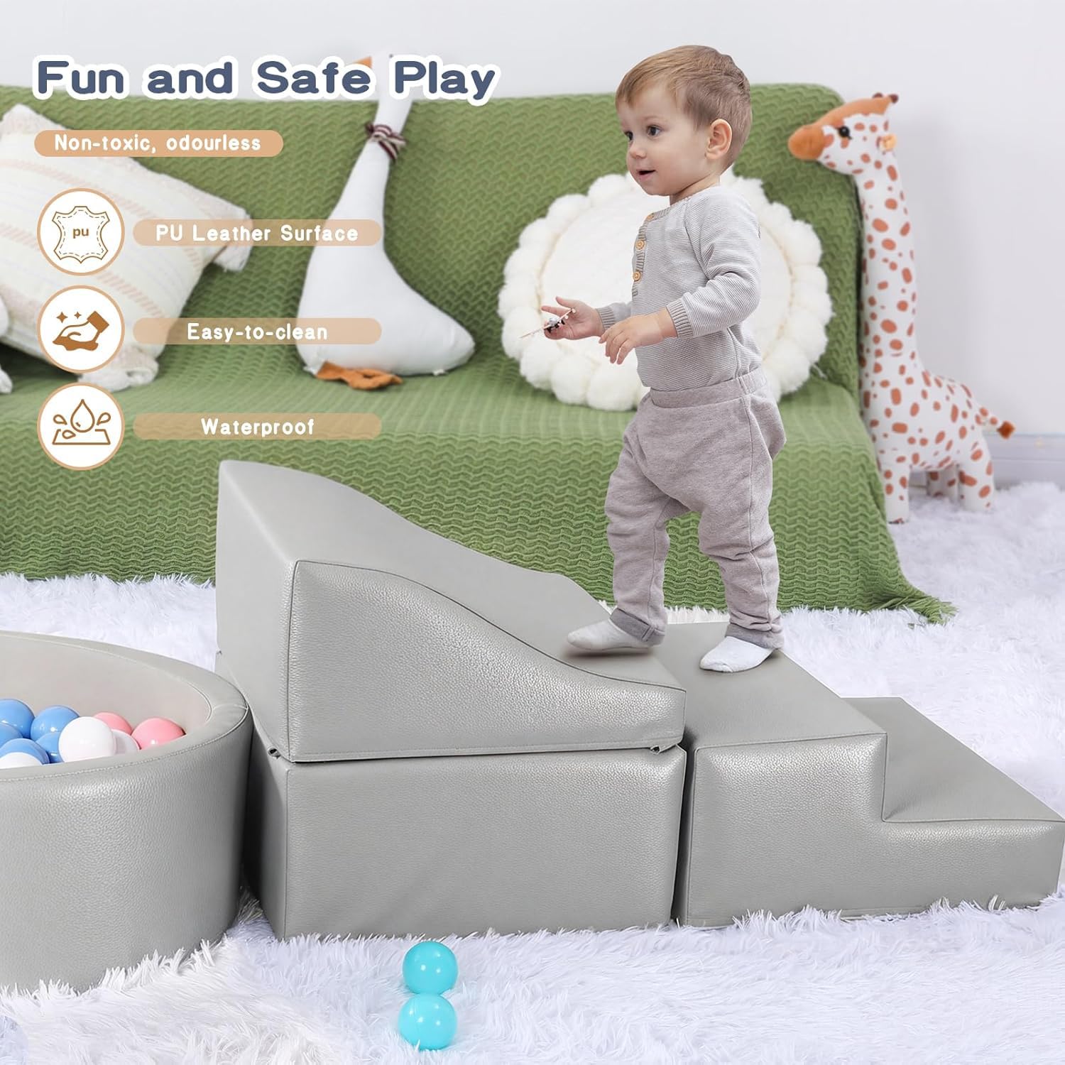 Foam Climbing Blocks for Toddler: with 4-Piece PU Leather Climbing Toys and a Ball Pit - Foam Ball Pit for Toddlers - Climbing Toys Indoor for Kids Crawling (Beige/Ivory Climbing Blocks)