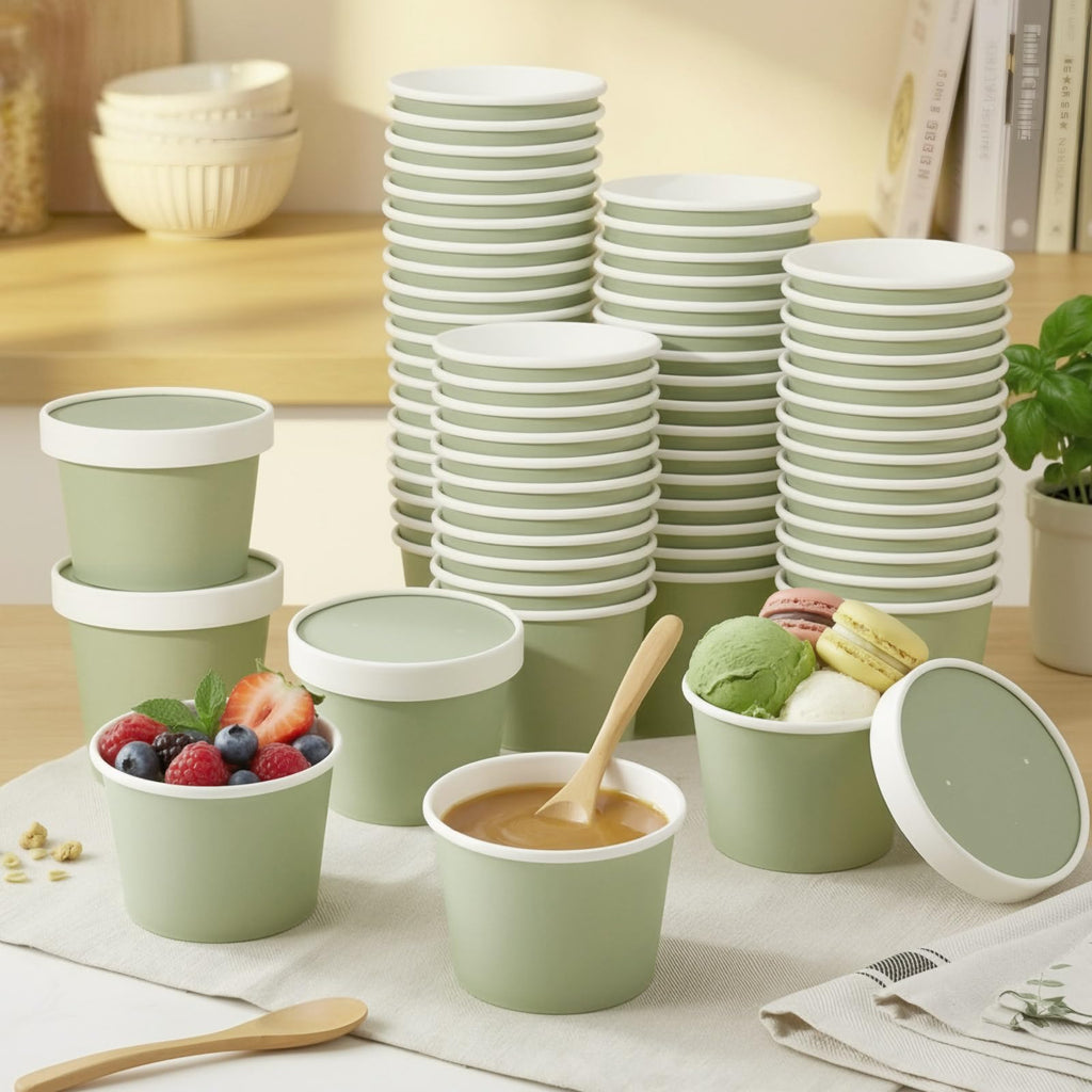 Fulmoon 100 Pack Paper Soup Containers with Lids Disposable Paper Food Containers with Vented Lid Kraft Ice Cream Cake Dessert Cups Soup Bowl for Party Hot Food Fruit Microwave(4 oz,Brown)