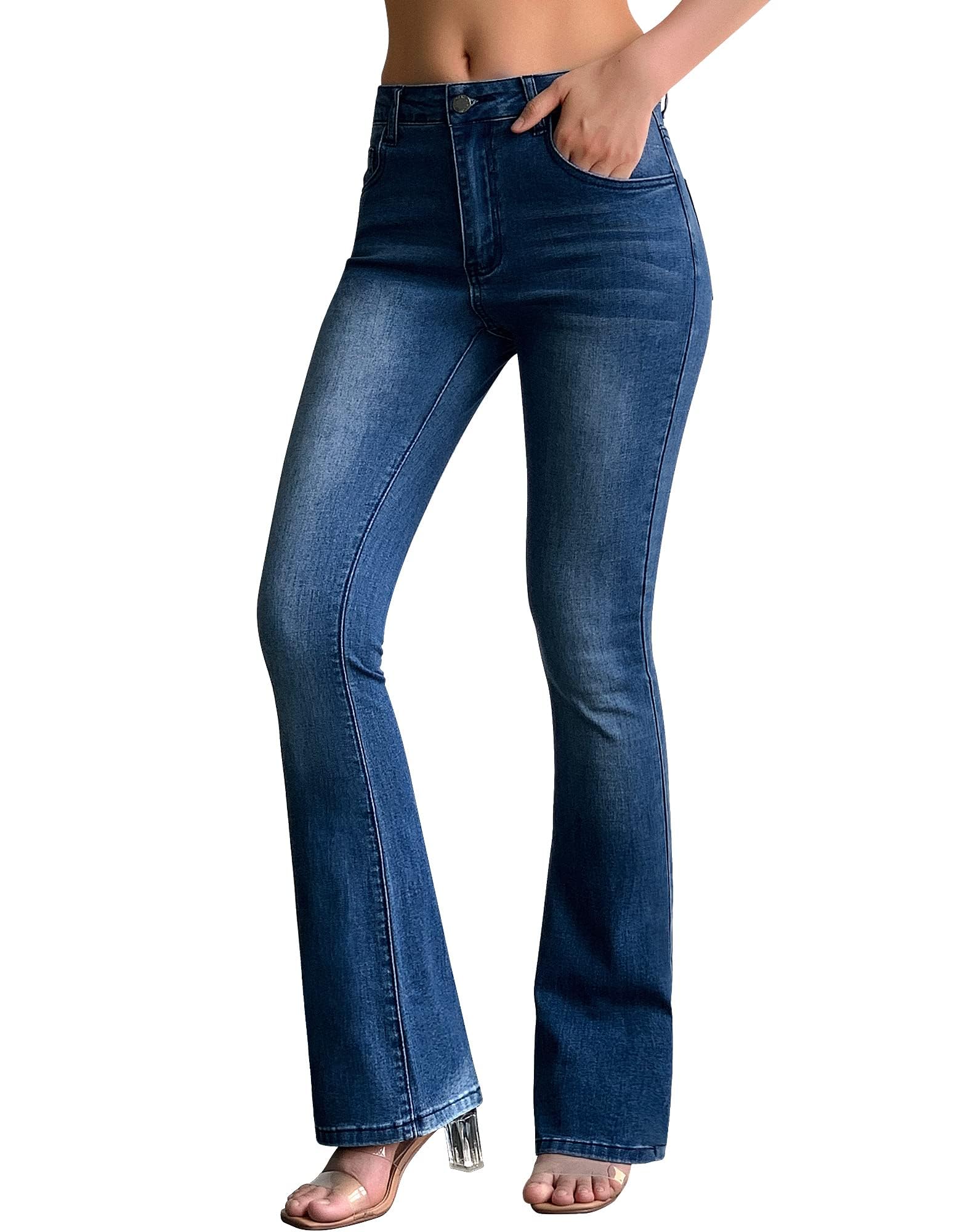 roswear Women's Trendy Stretchy Flare Jeans Mid Rise Bootcut Curvy Denim Pants