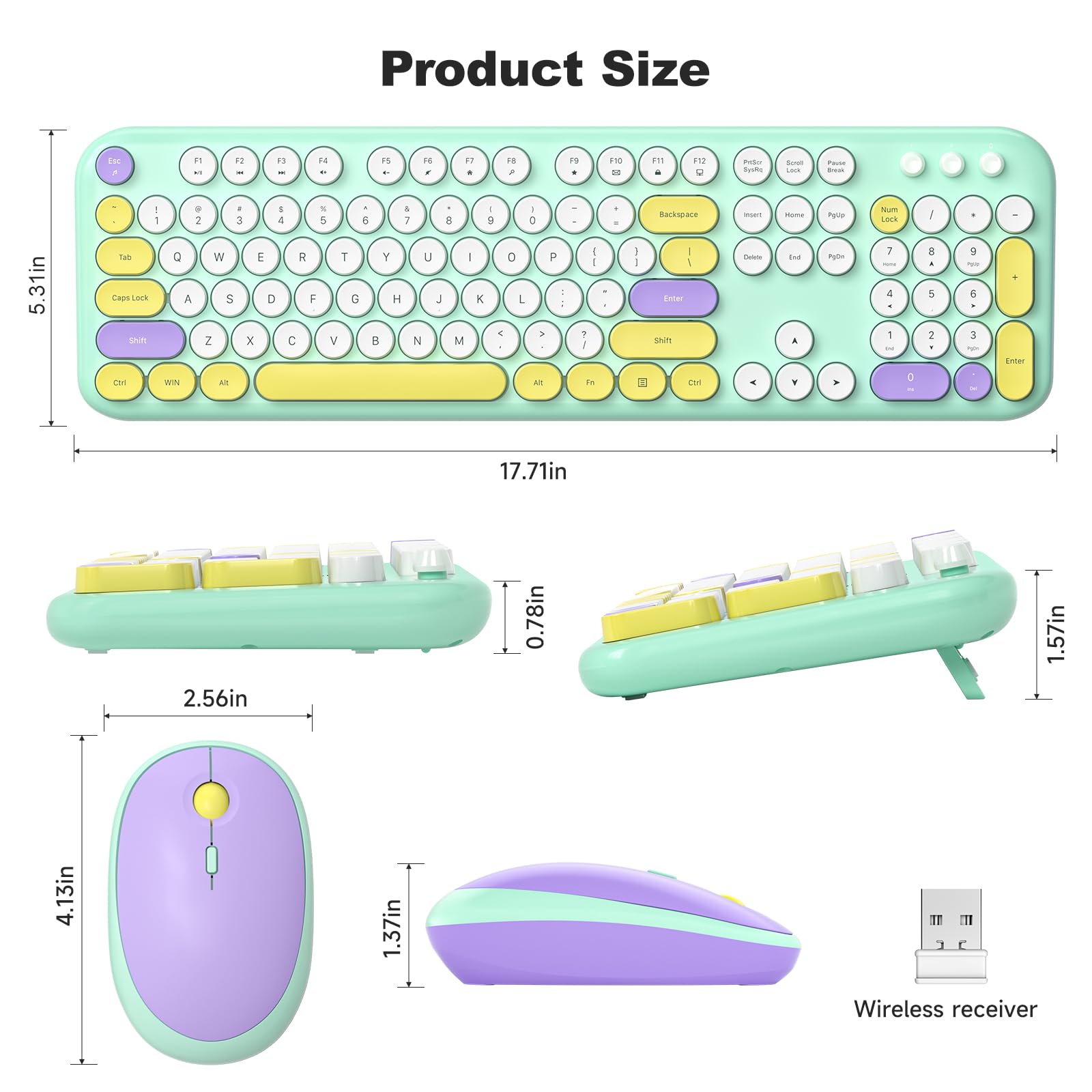 MOFII Wireless Keyboard and Mouse Combo, Compact Typewriter Retro Round Computer Keyboard and Mouse Set, Plug and Play, for Windows, Computer, Desktop, PC, Notebook - Black Green Gradient