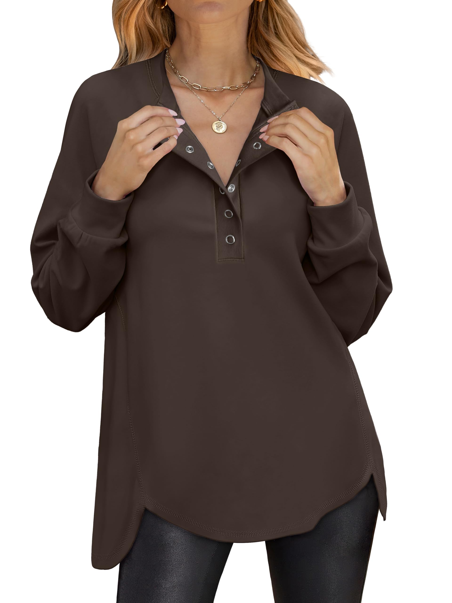 ANRABESS Women's Long Sleeve Henley Oversized Sweatshirts | Button Slit Hem Tunic Tops, Soft Loose Fit Pullover, School Work Office Outfits, Lounge Casual, Fall Winter Clothes