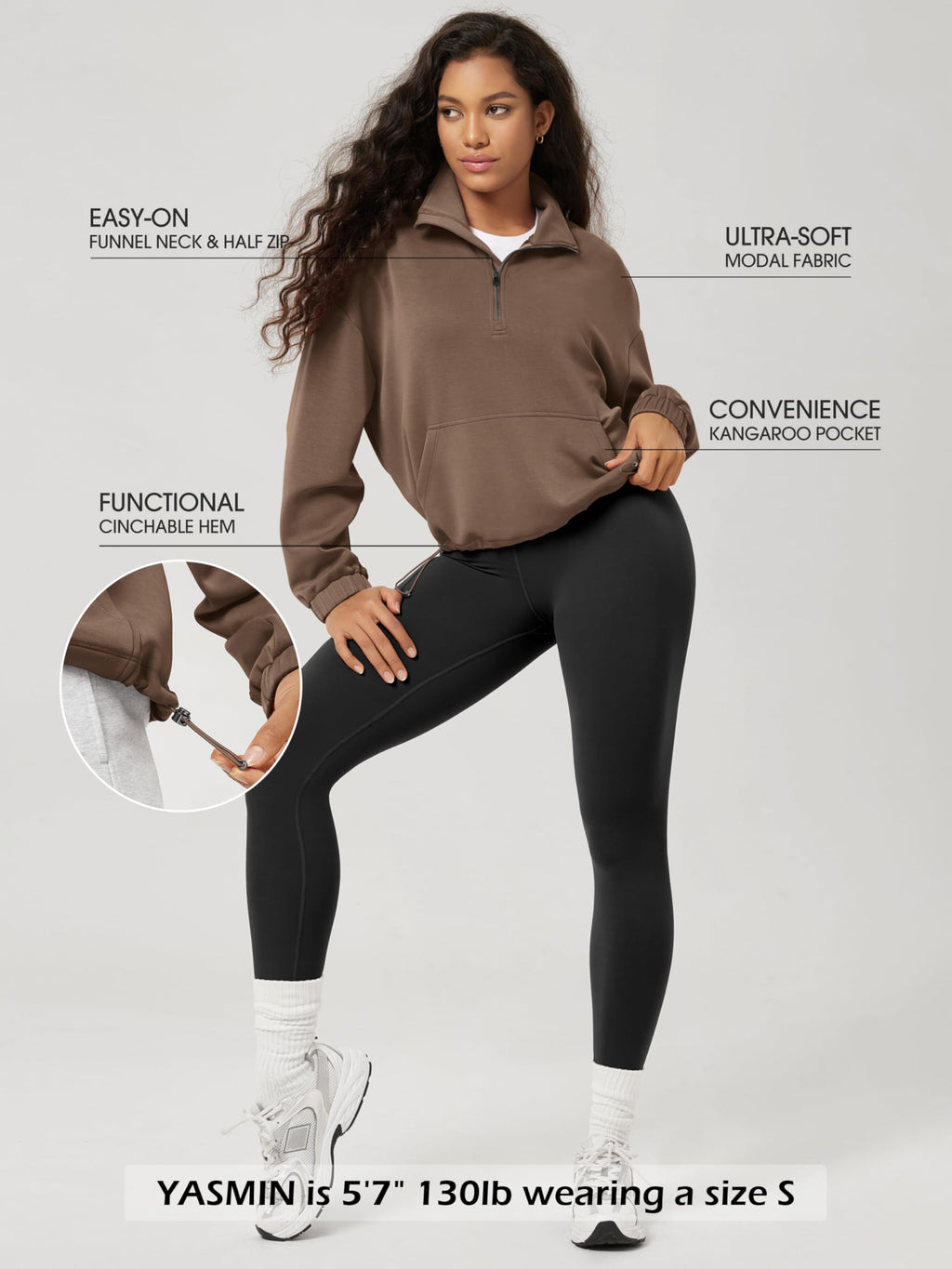 ODODOS Women's Modal Soft Cinchable Sweatshirts Half Zipper Funnel Neck Oversize Pullover with Pockets