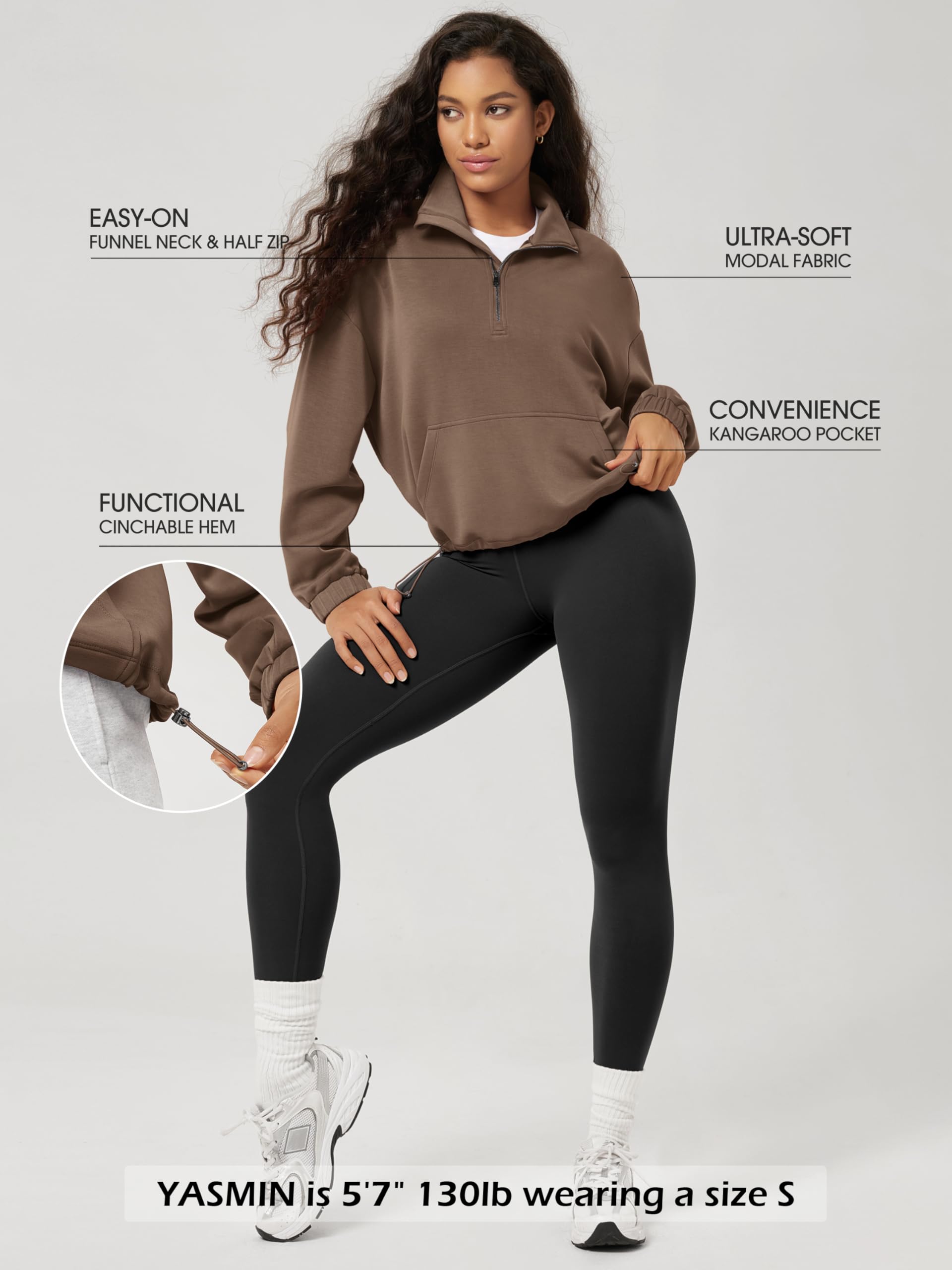 ODODOS Women's Modal Soft Cinchable Sweatshirts Half Zipper Funnel Neck Oversize Pullover with Pockets