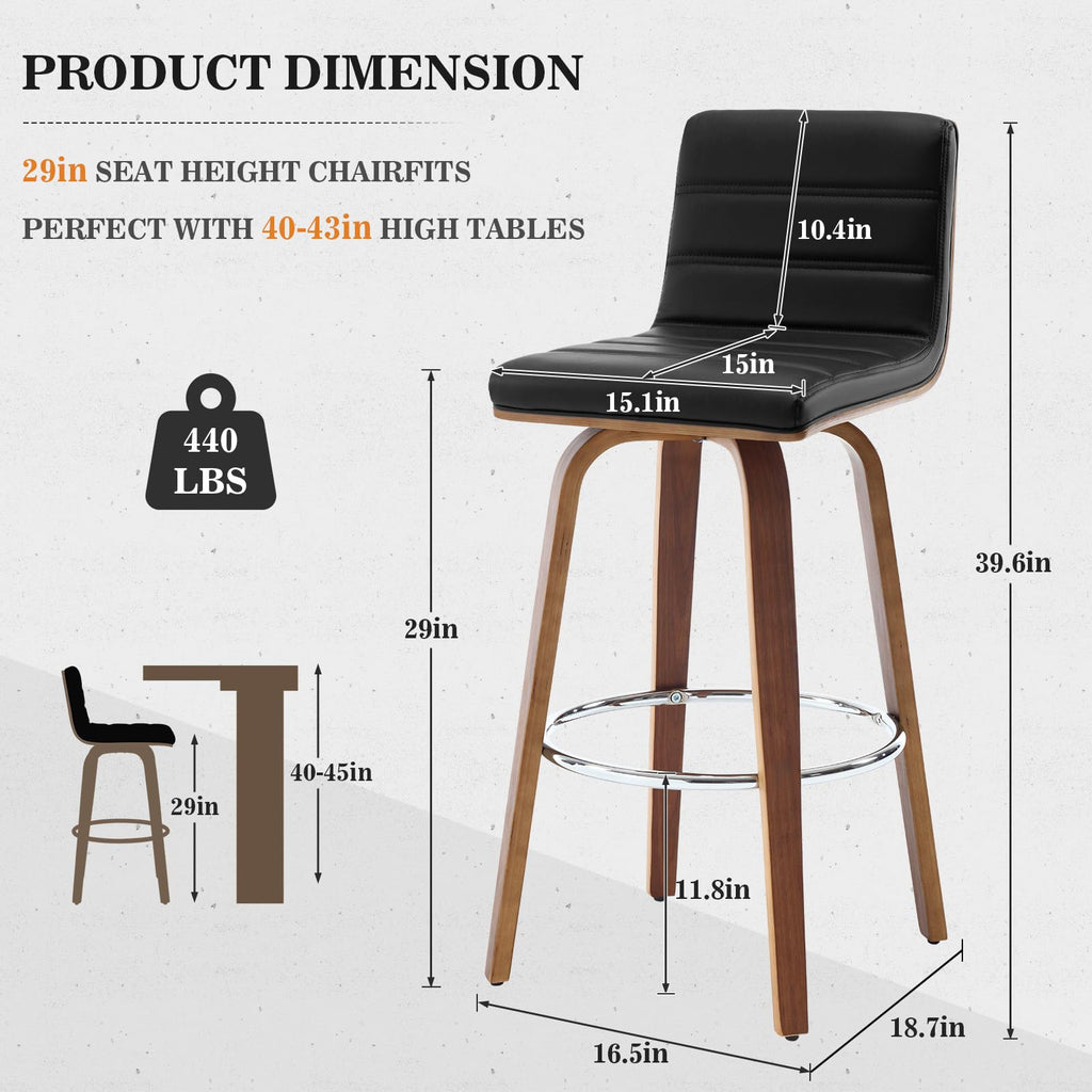 Bar Stools 29 Inch Bar Height, Swivel Bar Stools with Backs Upholstered PU Leather Barstool, L Shape Back and Padded Seat, Mid-Century Modern Bar Stool Pub Chairs for Kitchen Counter Island, Black
