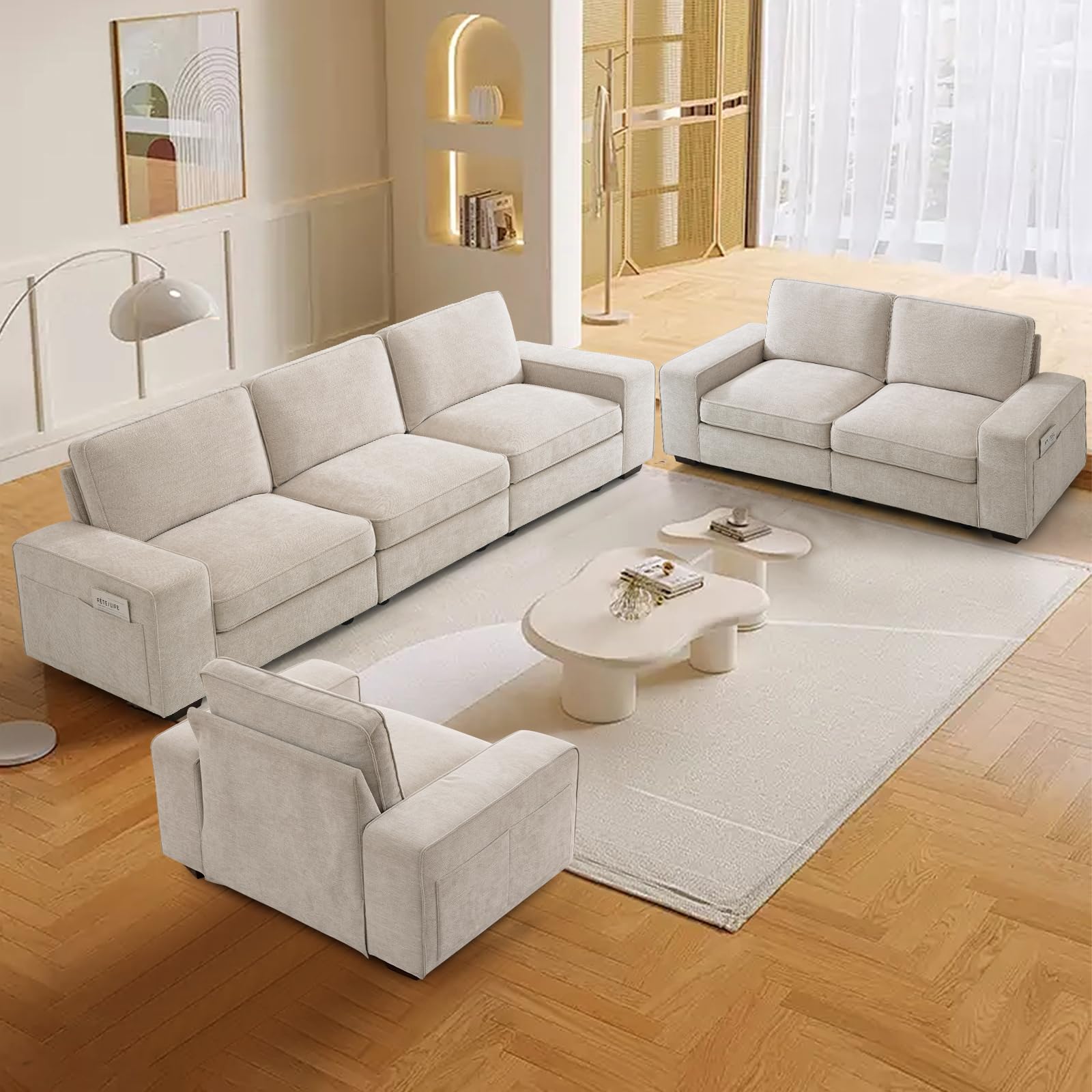 TEKAMON 100" Modular Sectional Sofa with Seats Storage, L Shaped Couch with Movable Ottoman for Living Room, Couch with Chaise, Solid Wood Frame, Spring Cushions, USB Port, Removable Covers, Beige