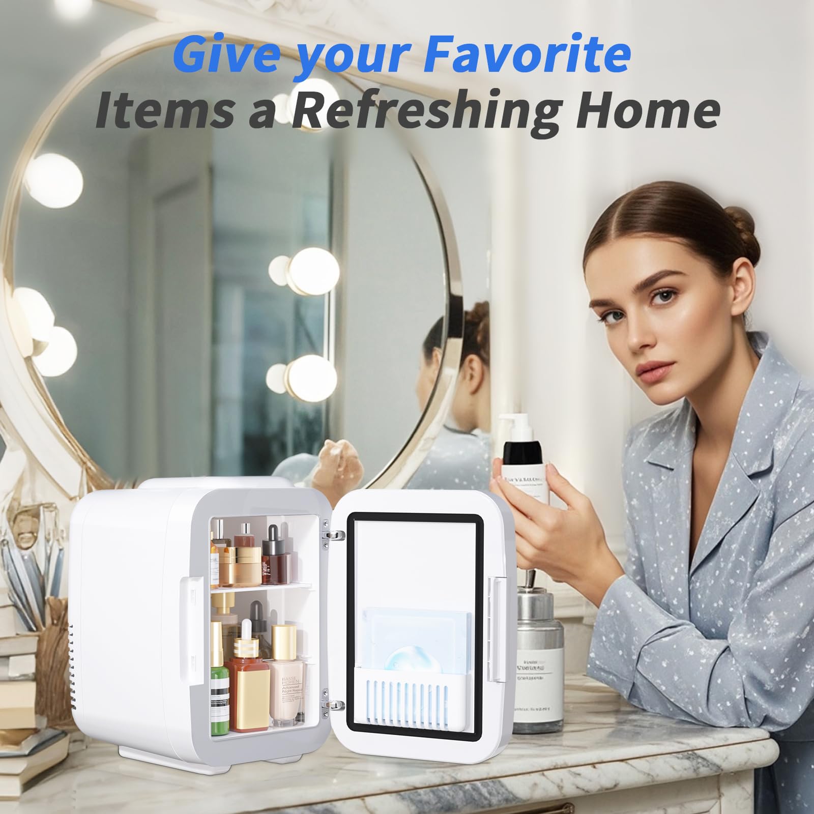 YASHE Mini Fridge, 4 Liter/6 Can Mini Makeup Fridge, 110V AC/ 12V DC Portable Thermoelectric Cooler&Warmer for Skincare, Drink, Cosmetic, Medicine, Small fridge for Bedroom, Office, Dorm, Car, Black