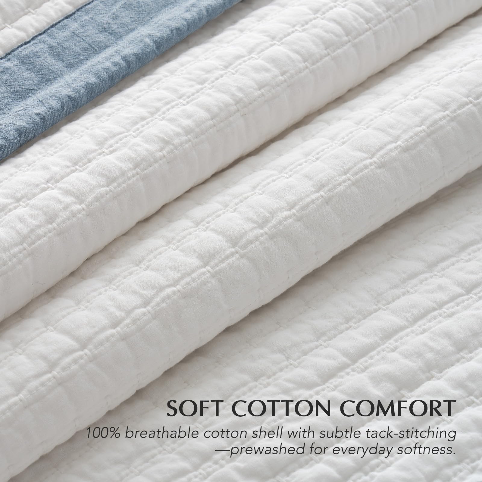 EVERGRACE Cotton Border Frame Tack-Stitch Quilt Bedding Set Queen Size, Coastal Oversized 3 Pieces Lightweight Bedspread Coverlet for All Season, with 2 Matching Shams, Blue Linen