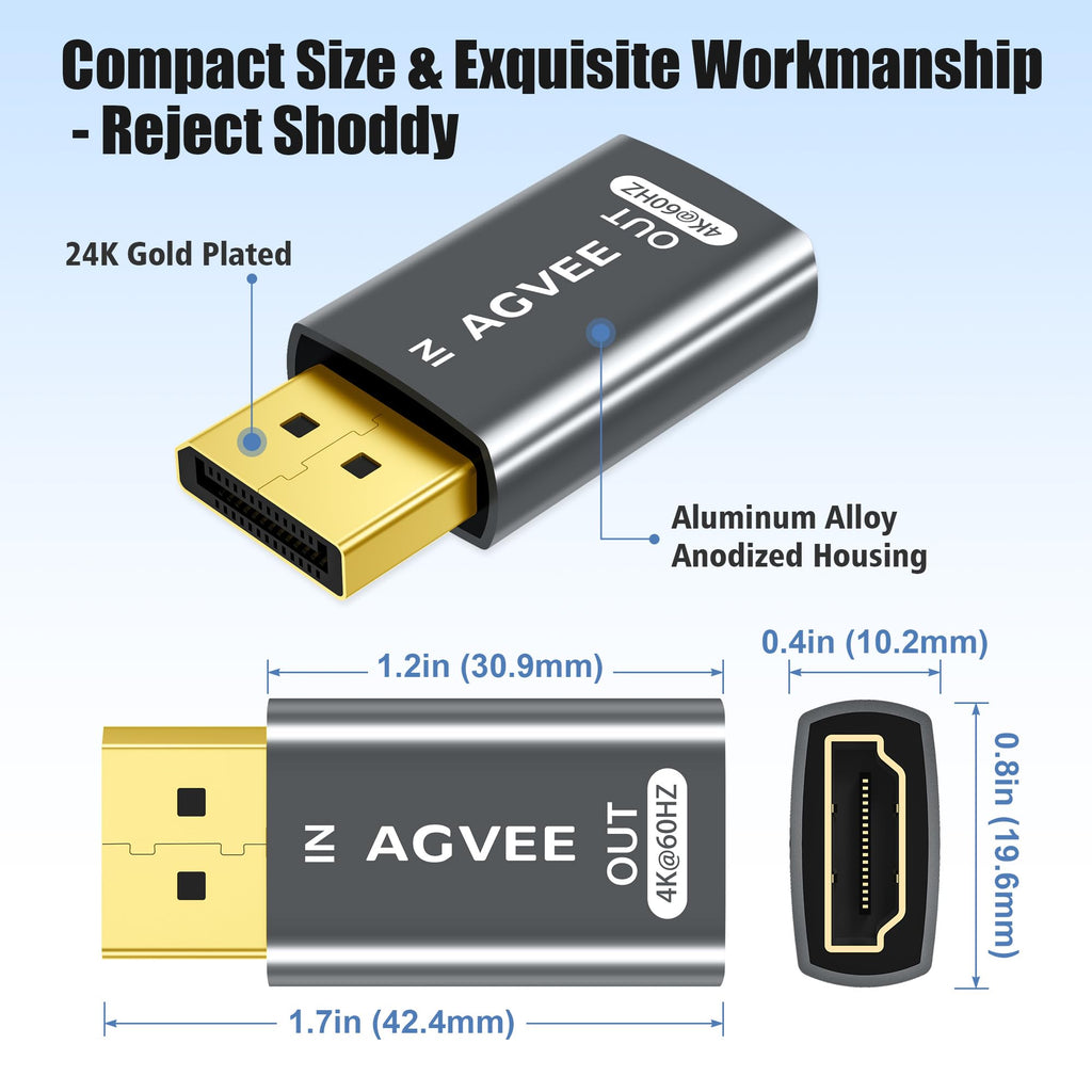 AGVEE 1 Pack Display Port to HDMI 4K@30HZ Adapter, Alloy Shell DP Displayport PC to HDMI Display Coulper Converter, Backward Compatibile with 2K@60HZ 1080P@120HZ Full HDTV, Uni-Directional, Black