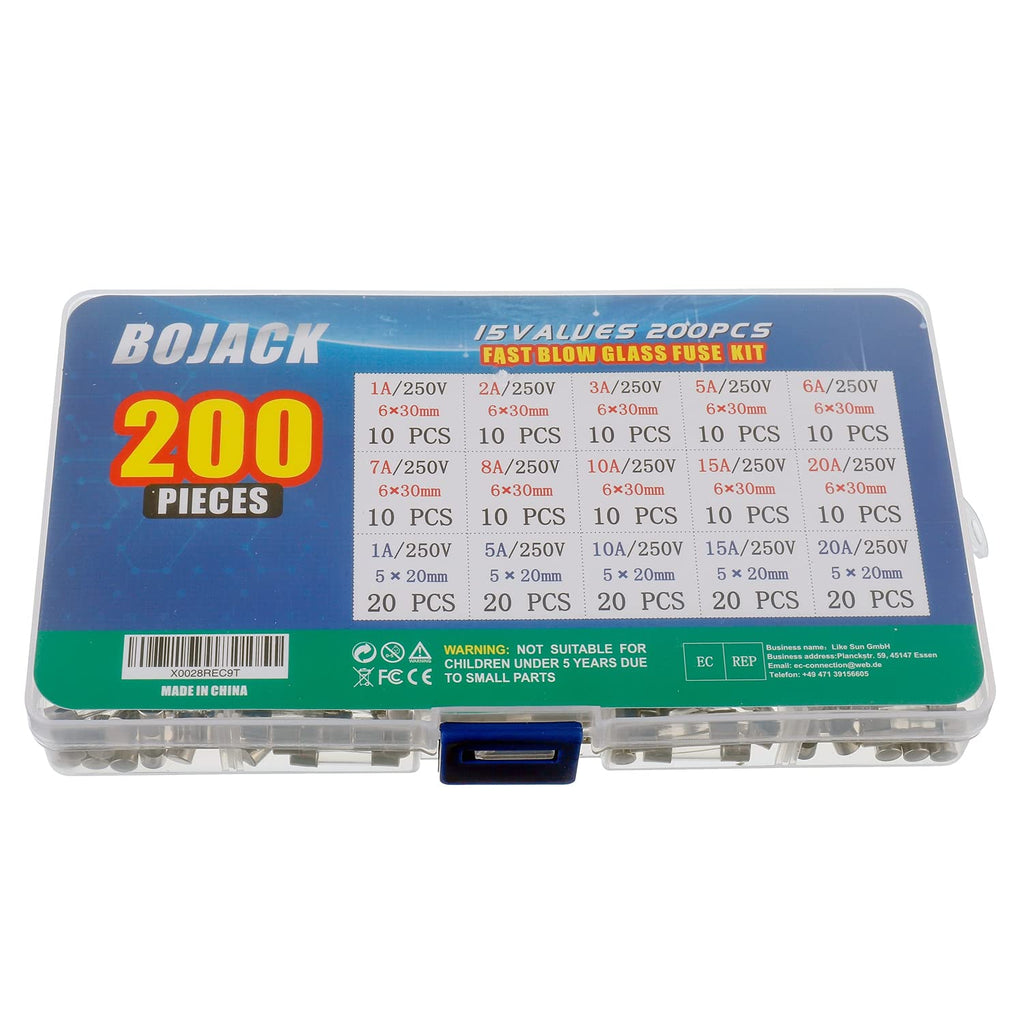 BOJACK 15 Values 200 pcs Fast-Blow Glass Fuses Assortment Kit 5x20mm 250V 1 5 10 15 20A 6x30mm 250V 1 2 3 5 6 7 8 10 15 20A amp packag in a Clear Plastic Box