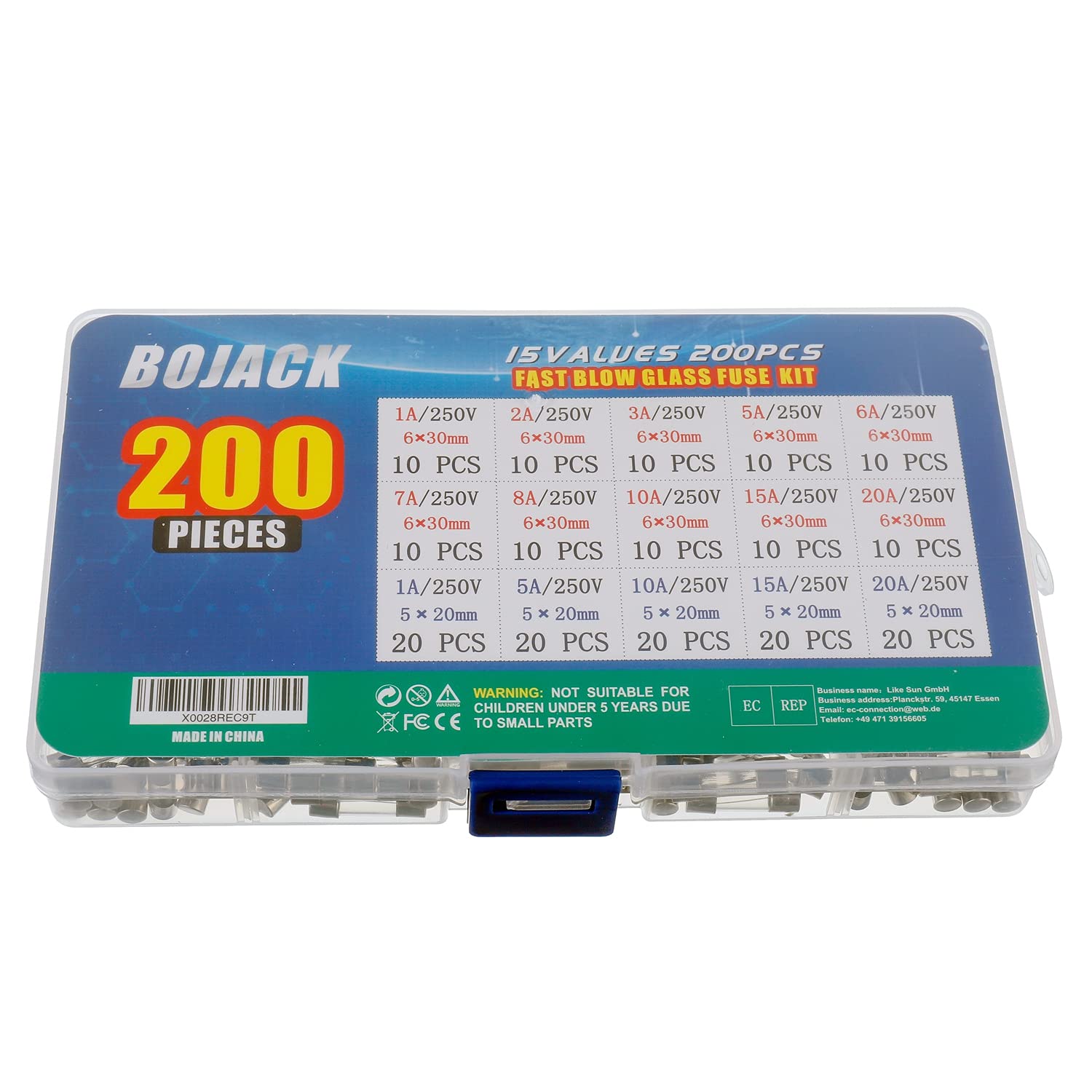 BOJACK 15 Values 200 pcs Fast-Blow Glass Fuses Assortment Kit 5x20mm 250V 1 5 10 15 20A 6x30mm 250V 1 2 3 5 6 7 8 10 15 20A amp packag in a Clear Plastic Box