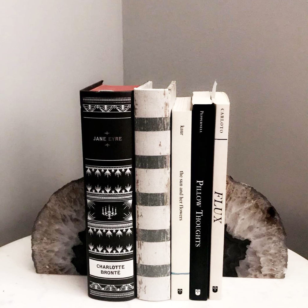 JIC Gem Black Agate Geode Bookends 2-3 Lbs Anti-Slip Rubber Pads Heavy Duty | 1Pair Natural Black Agate Crystal Decor for Shelves & Desk, Unique Small Stone Book Holder Gift for Office & Home Decoration