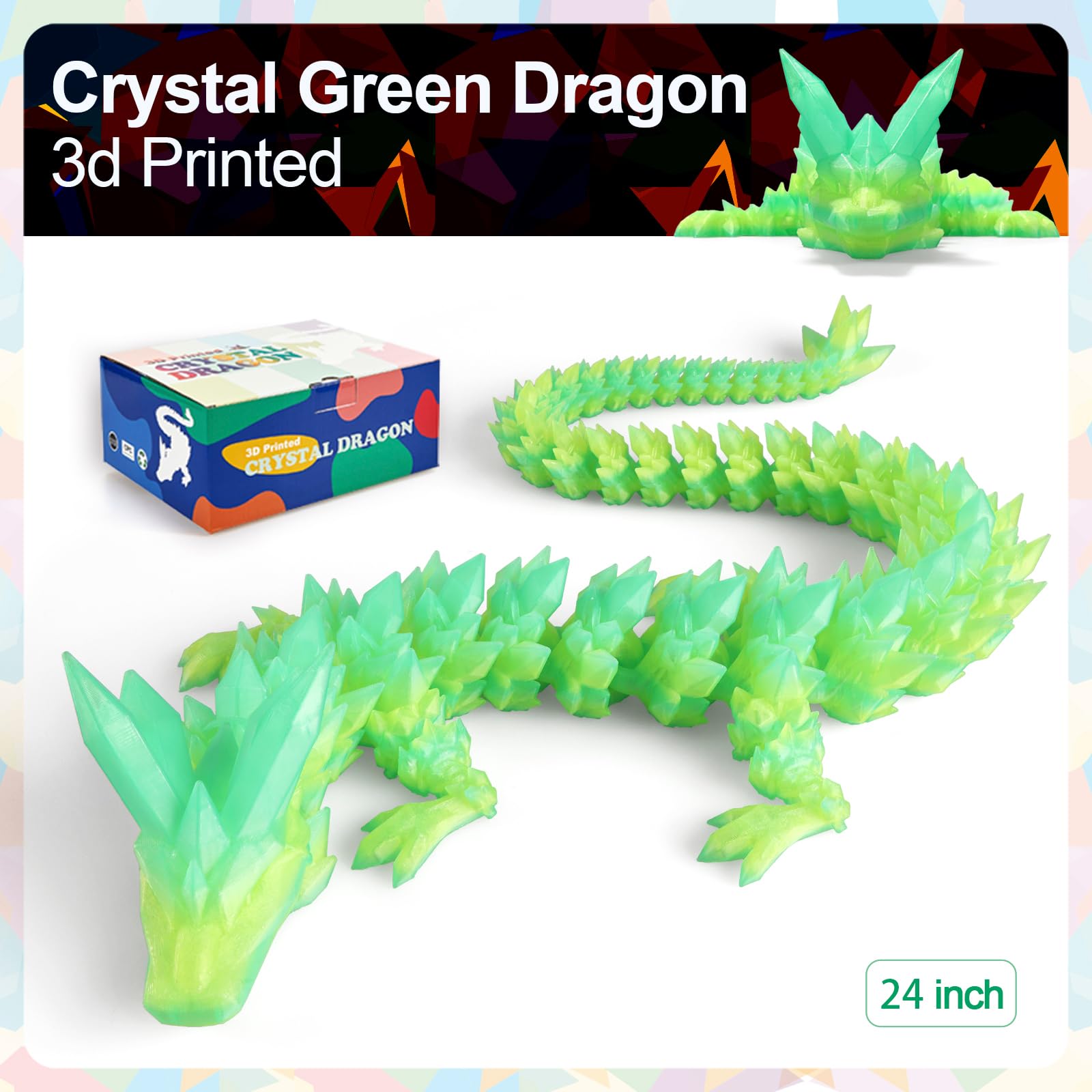 24" Large 3D Printed Dragon - Huge Articulated Crystal Dragon Fidget Toy, Giant Flexible 3D Dragon Figure, Birthday Gift for Boys Girls Kids & Collectors, Home Office Executive Desk Decor