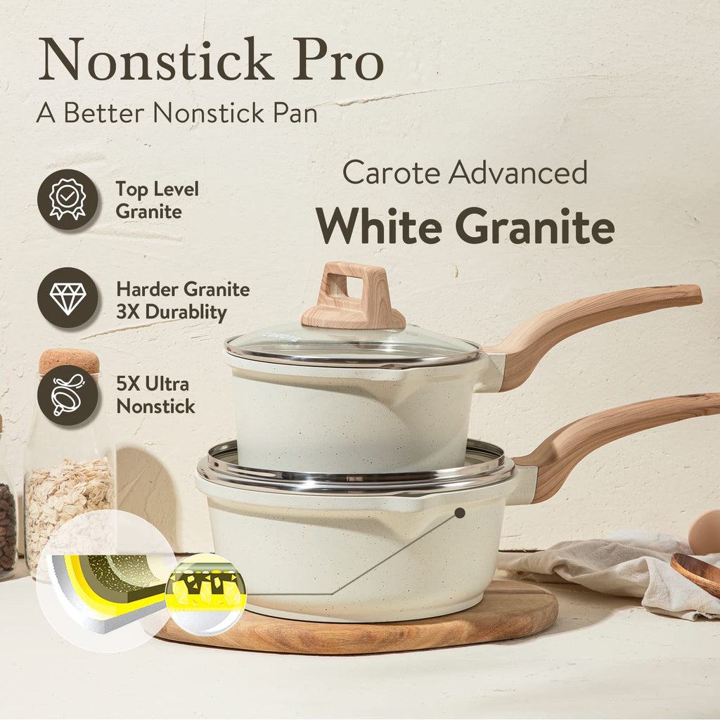 CAROTE 1.5Qt & 3.0Qt Sauce Pan Sets with Lid Cooking Pots Nonstick Saucepans Cookware Set with Pour Spout Small Kitchen Pot, Induction Comptable, Easy to Clean, PFOA FREE (Classic Granite)