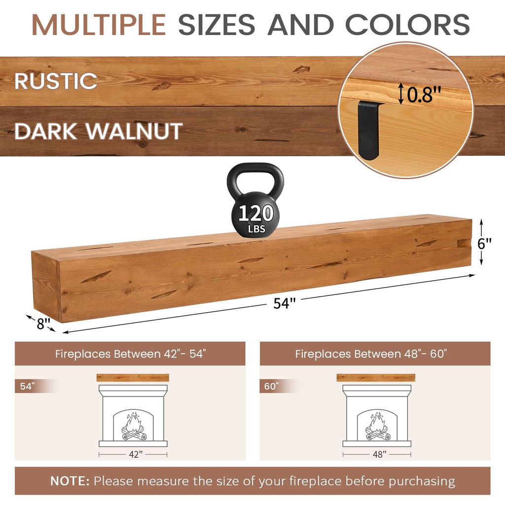 G GOOD GAIN Fireplace Mantel 54inch - Handmade Rustic Wood Mantel for Over Fireplace | Wall Mounted Floating Mantle Shelves for Living Room Decor(Chocolate, 54Lx5Hx8D)