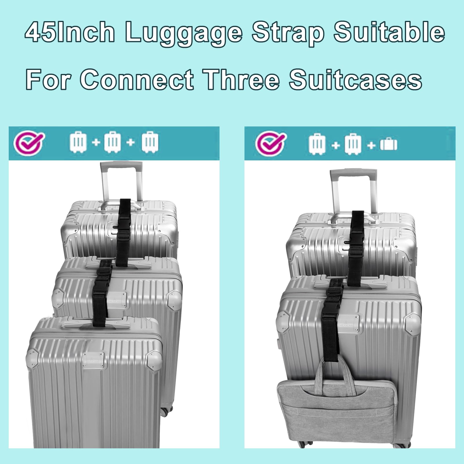 Luggage Straps for Suitcases TSA Approved, Travel Accessories to Connect Two Suitcase, Add Bag Luggage Straps for Carry On Your 3 Luggages Adjustable Buckle Belt, 2Pack Black